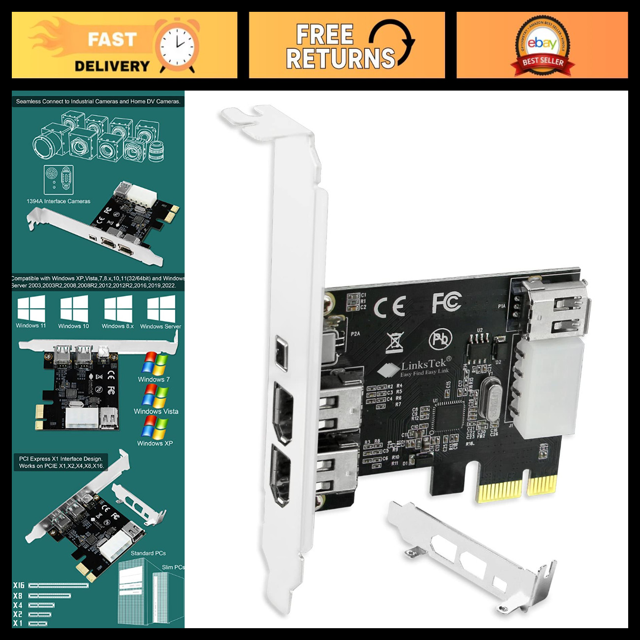 4-Port FireWire 400 PCIe Expansion Card for Windows Desktop, 3x 6Pin & 1x 4Pin,