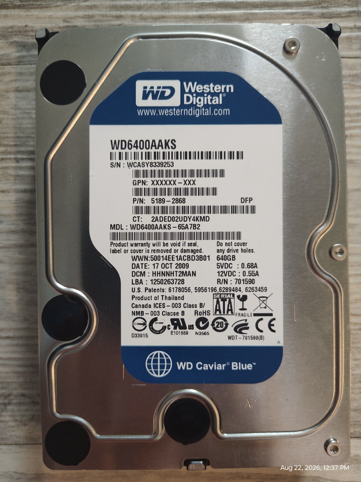 HDD Hard Drive SATA Desktop 3.5" WD WD6400AAKS-75A7B2 640GB