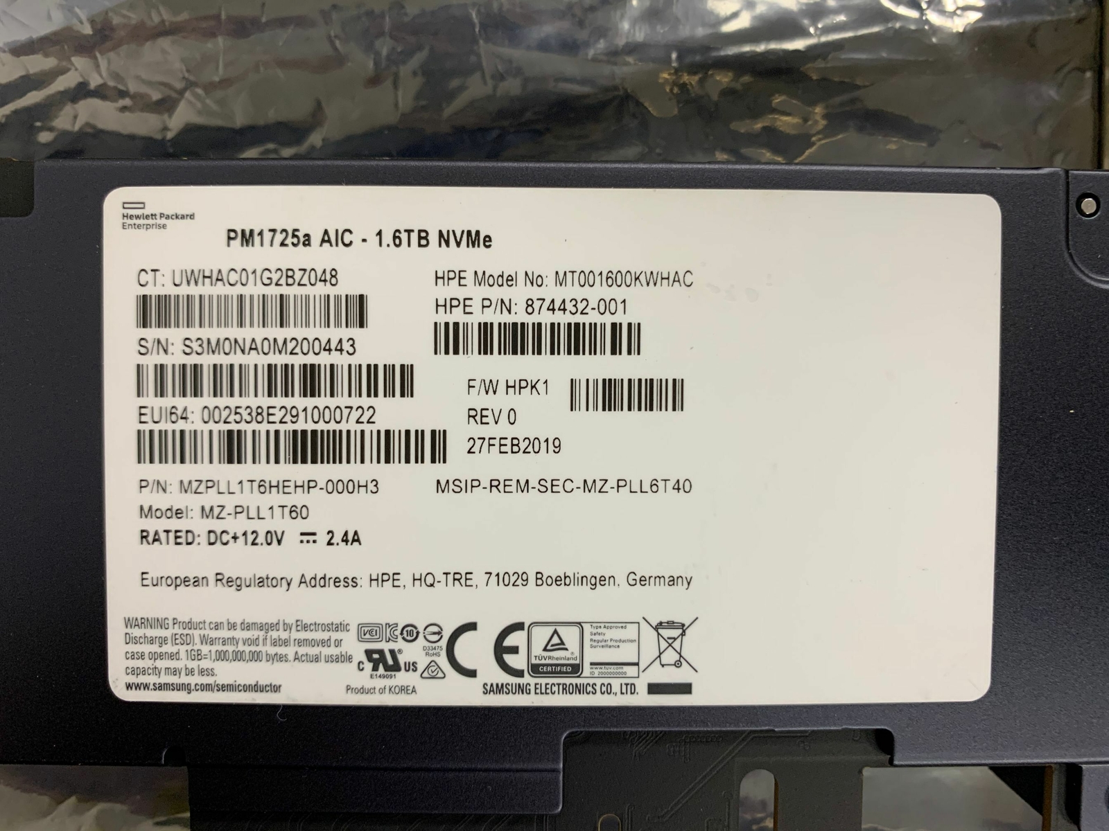 Samsung 1.6TB SSD PM1725A AIC NVMe MT001600KWHAC MZPLL1T6HEHP-000H3 MZ-PLL1T60