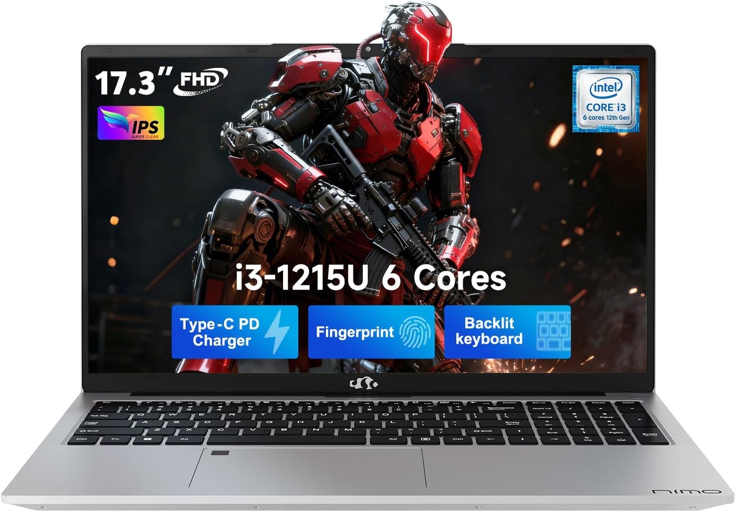 NIMO 17.3" IPS FHD Laptop, Intel 6 Cores i3-1215U 8GB RAM 128GB SSD Up to 4.4GHz
