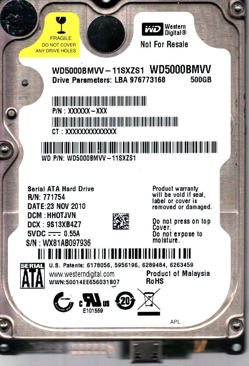 WD5000BMVV-11SXZS1 S/N:WX81A DCM:HH0TJVN WESTERN DIGITAL 500GB MALAYSIA NOV 2010