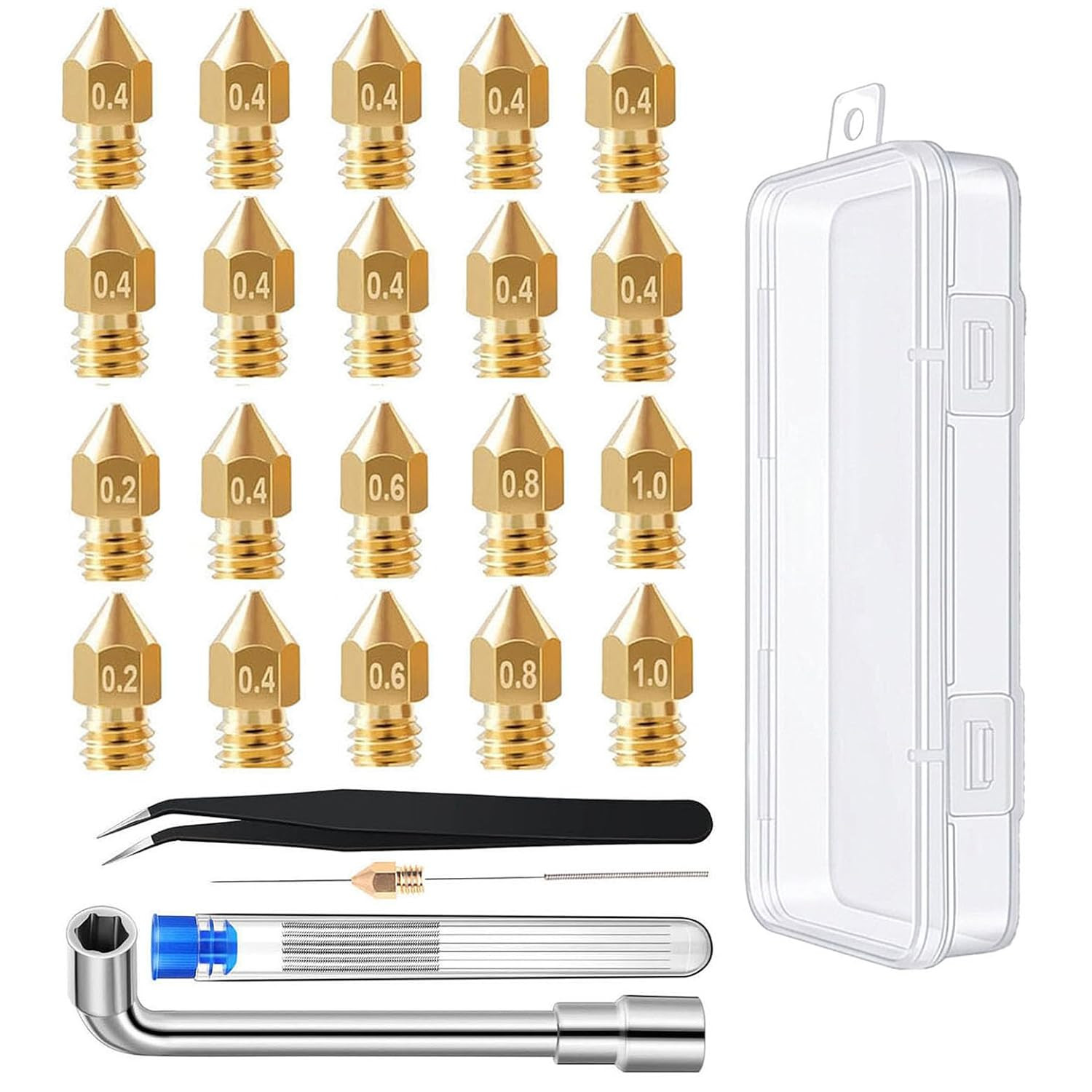 3D Printer Nozzle Kit: 20PCS High Precision MK8 Brass Nozzles with Socket