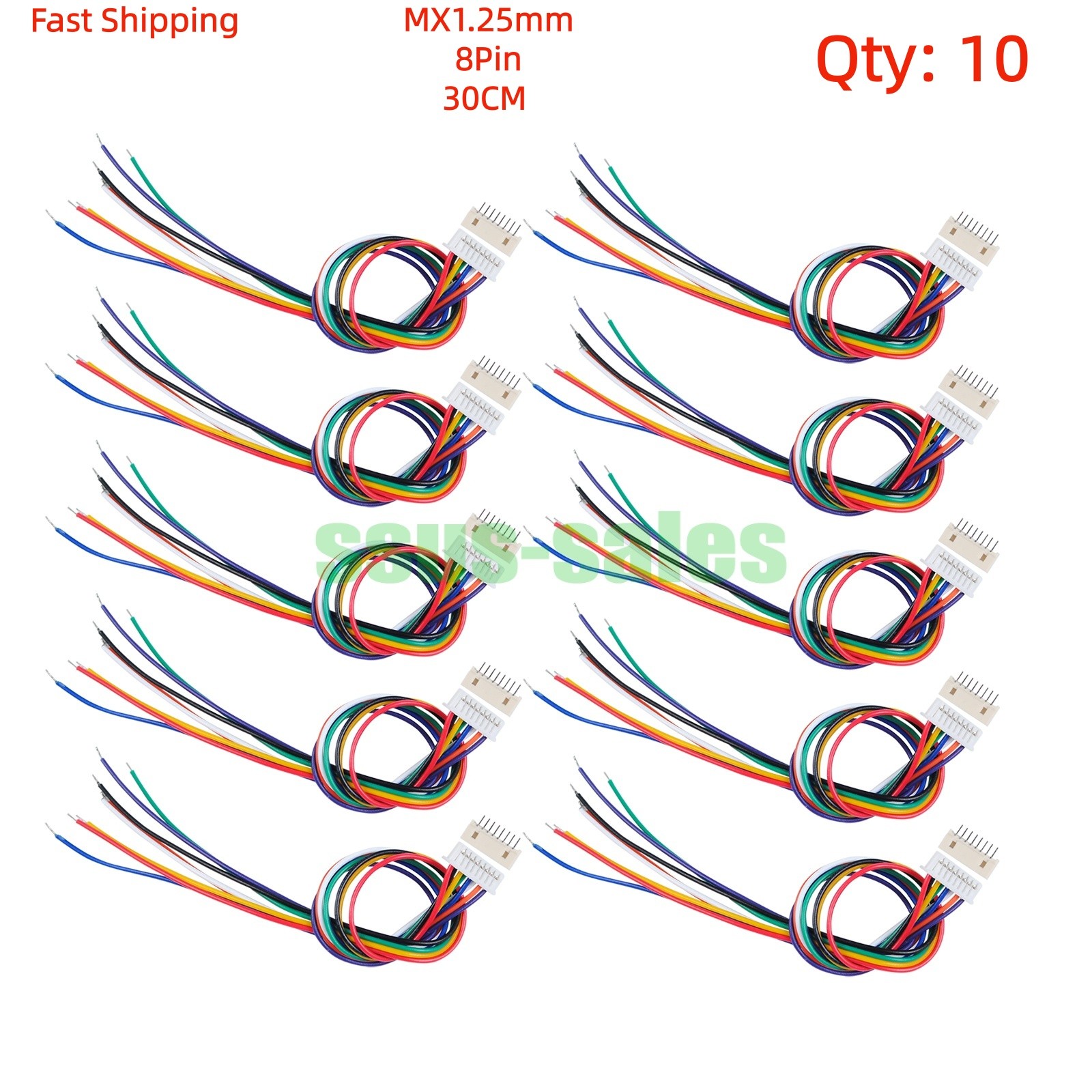 X10 MX1.25 8-Pin Single Head Wire Cable 30cm Straight Pin Header, No Solder