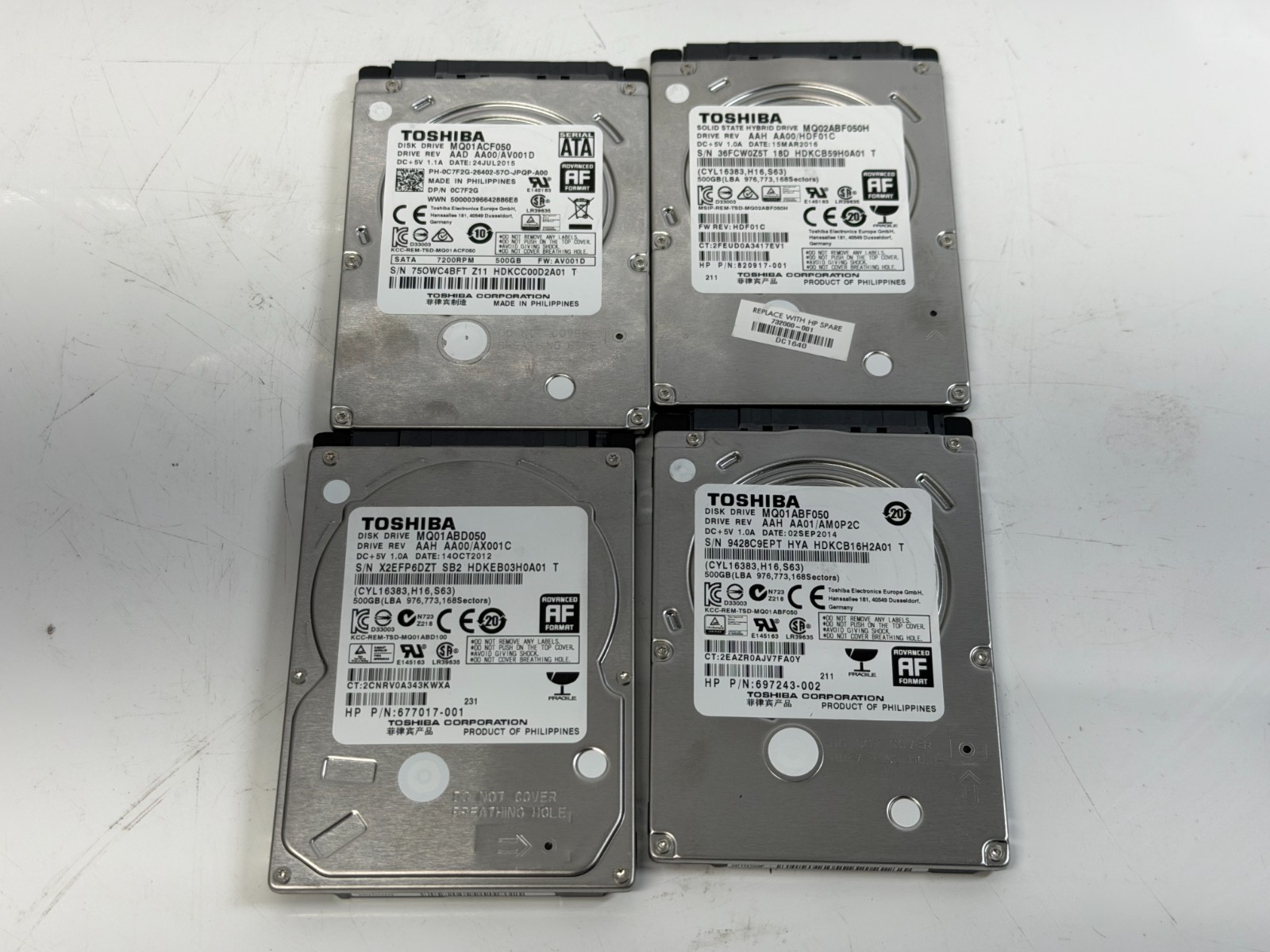 Toshiba Lot of 4 2.5" Internal 500GB HDDS MQ01ACF050/MQ01ABD050/MQ01ABF050