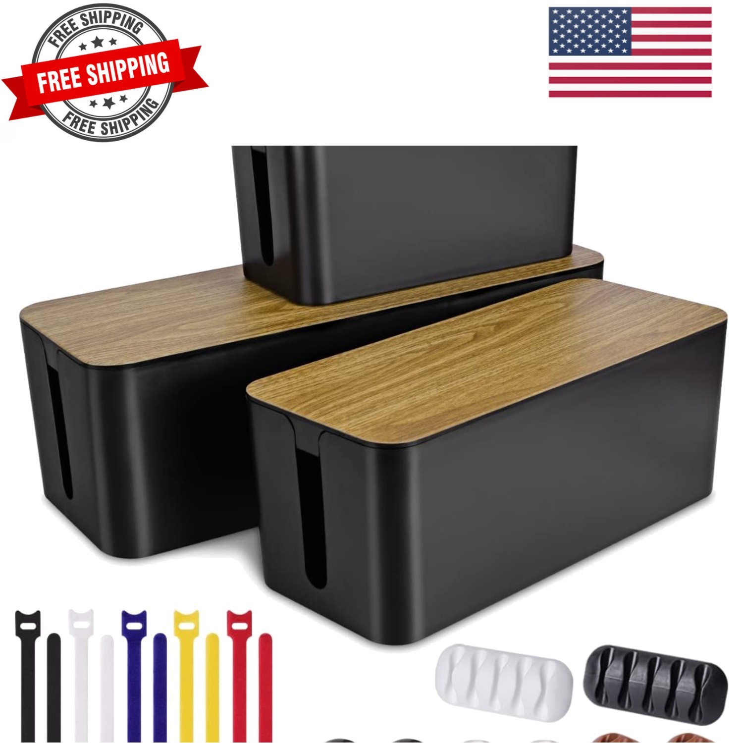 3 Pack Cable Management Box with 18 PCS Cable Management Set - Large & Medium...