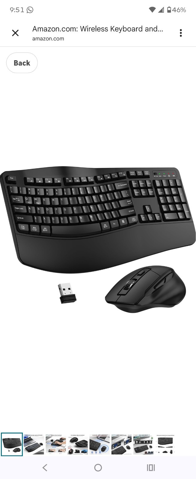 Wireless Ergonomic Keyboard and Mouse Combo, QWERTY, 1600 DPI, Black, USB