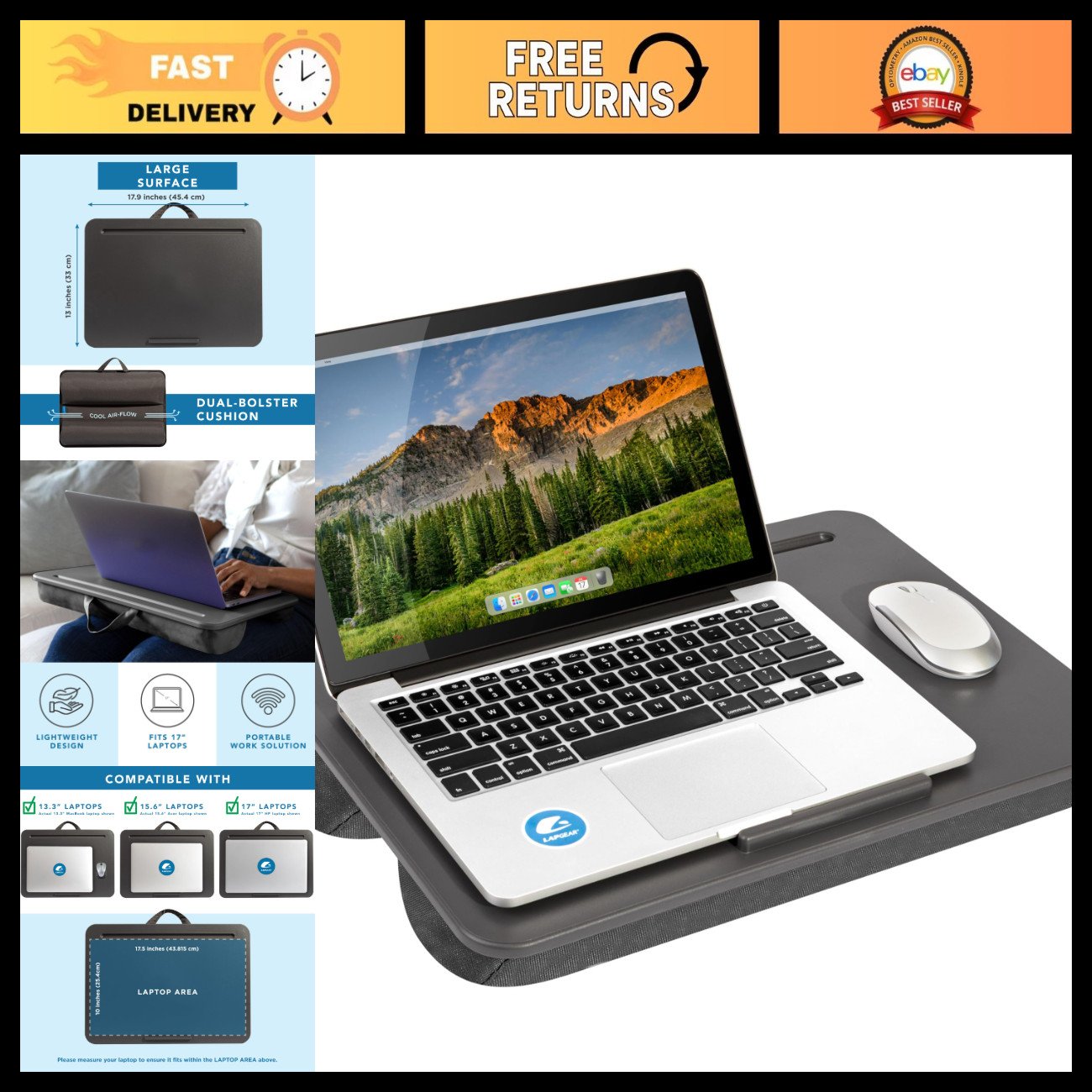 Original Lap Desk for 17" Laptops - Charcoal, Portable Workstation, Adjustable S