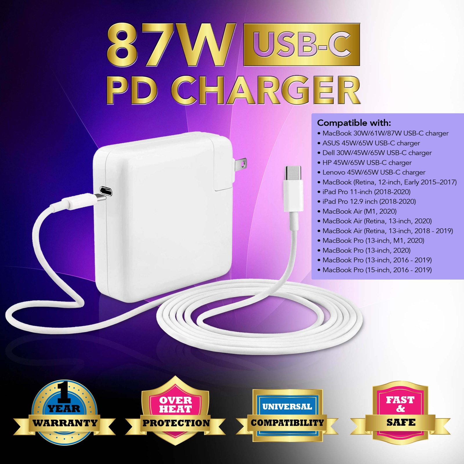 Macbook Pro USB C Charger for 15, 13 inch 2020, 2019, 2018, 2017, 2016a