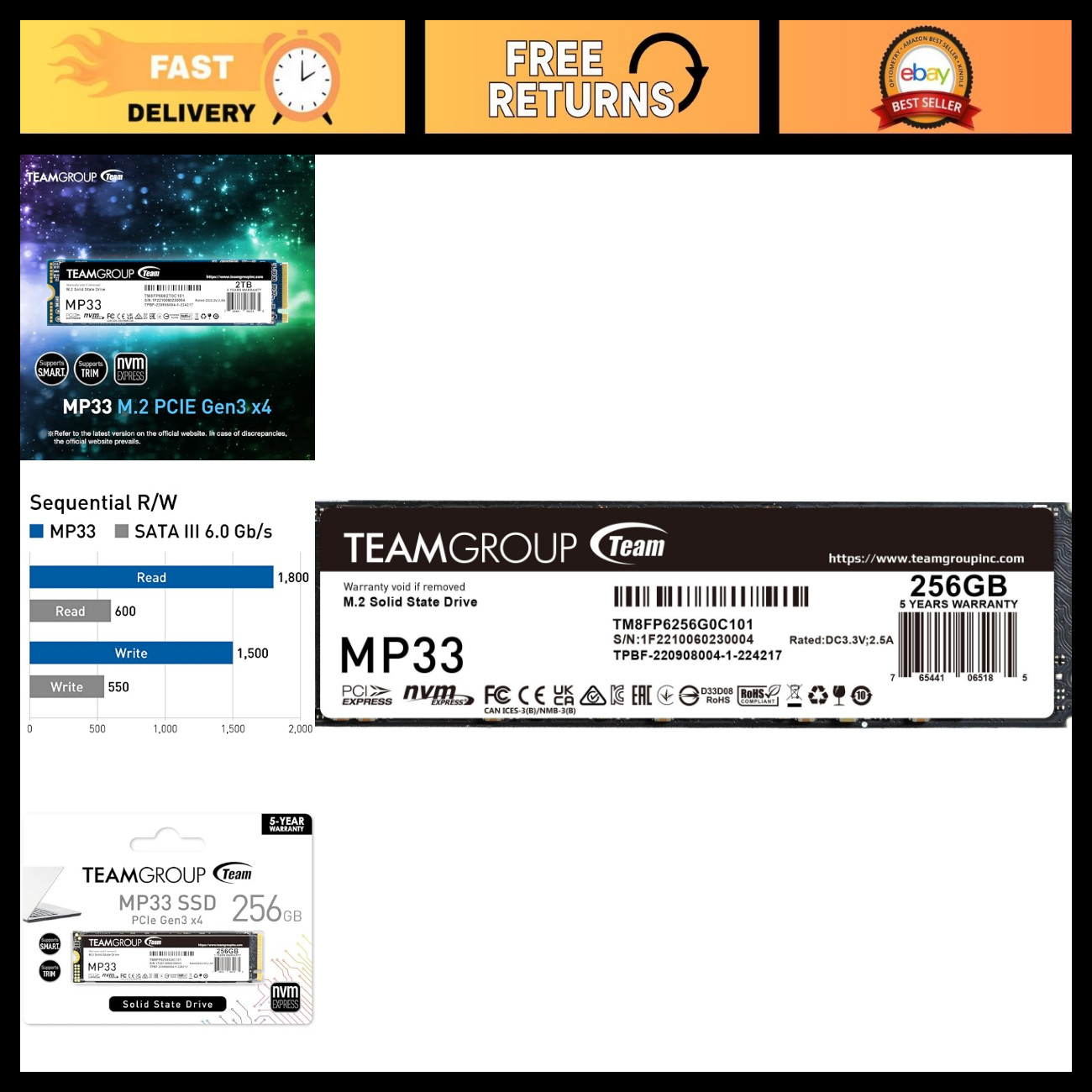 256GB NVMe M.2 2280 SSD, 3D NAND TLC, PCIe Gen3x4, 1600/1000 MB/s, Fast Storage