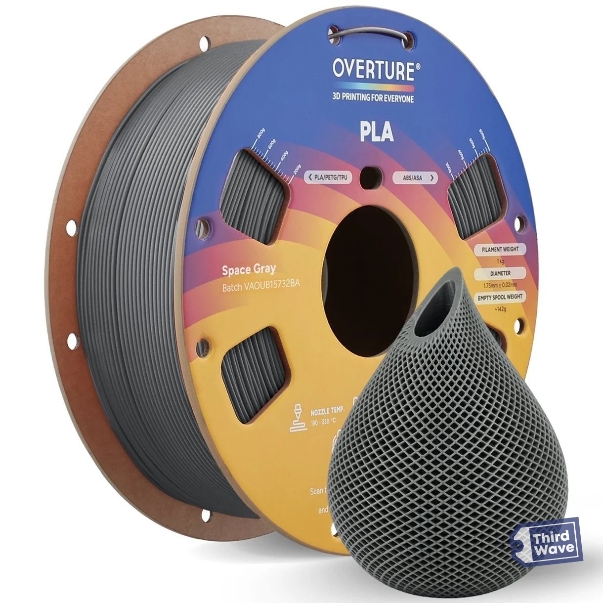 Overture PLA Gray 3D Printer Filament 1.75 mm for FDM Printers OVPLA175