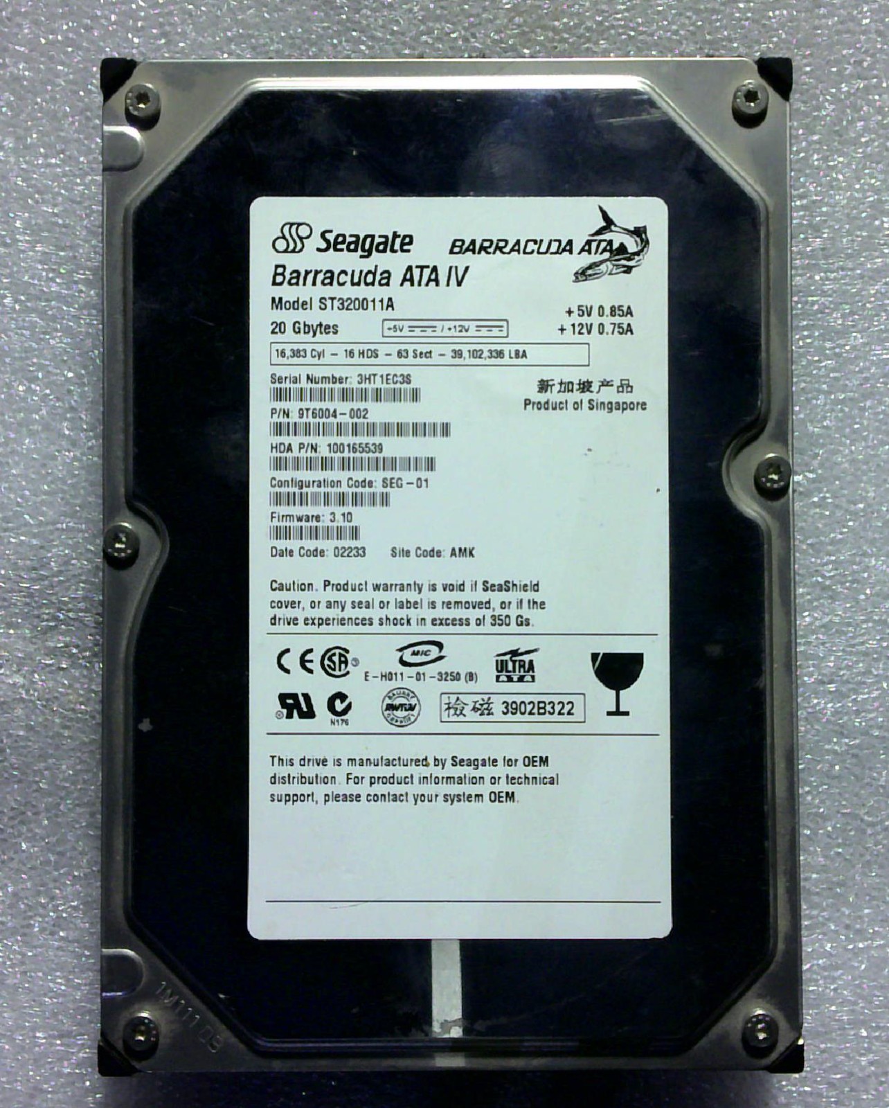 Seagate Barracuda - ST320011A - 20GB - 9T6004-002 - SN: 3HT1EC3S