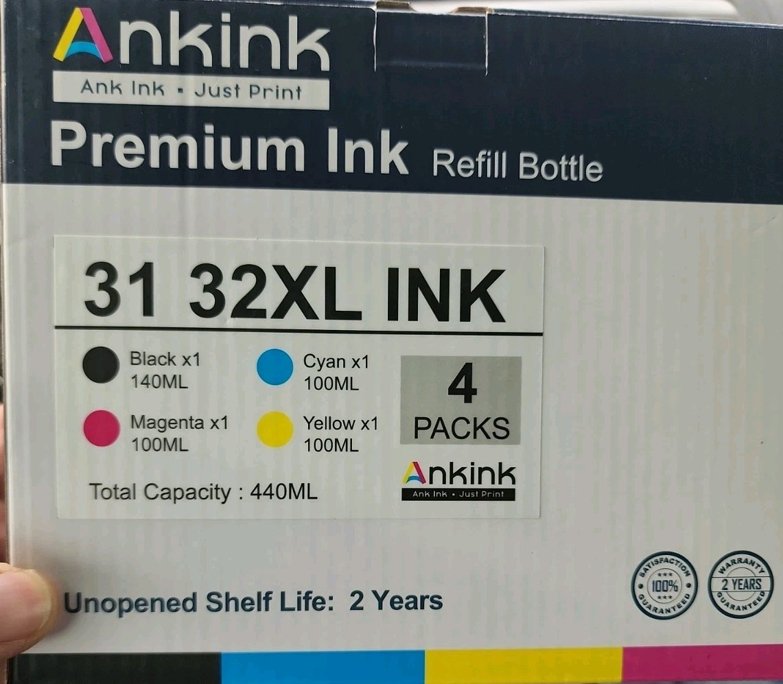 New Ankink 31/32XL Printer Ink 4pack Yellow Magenta Cyan Black Refill Bottles HP
