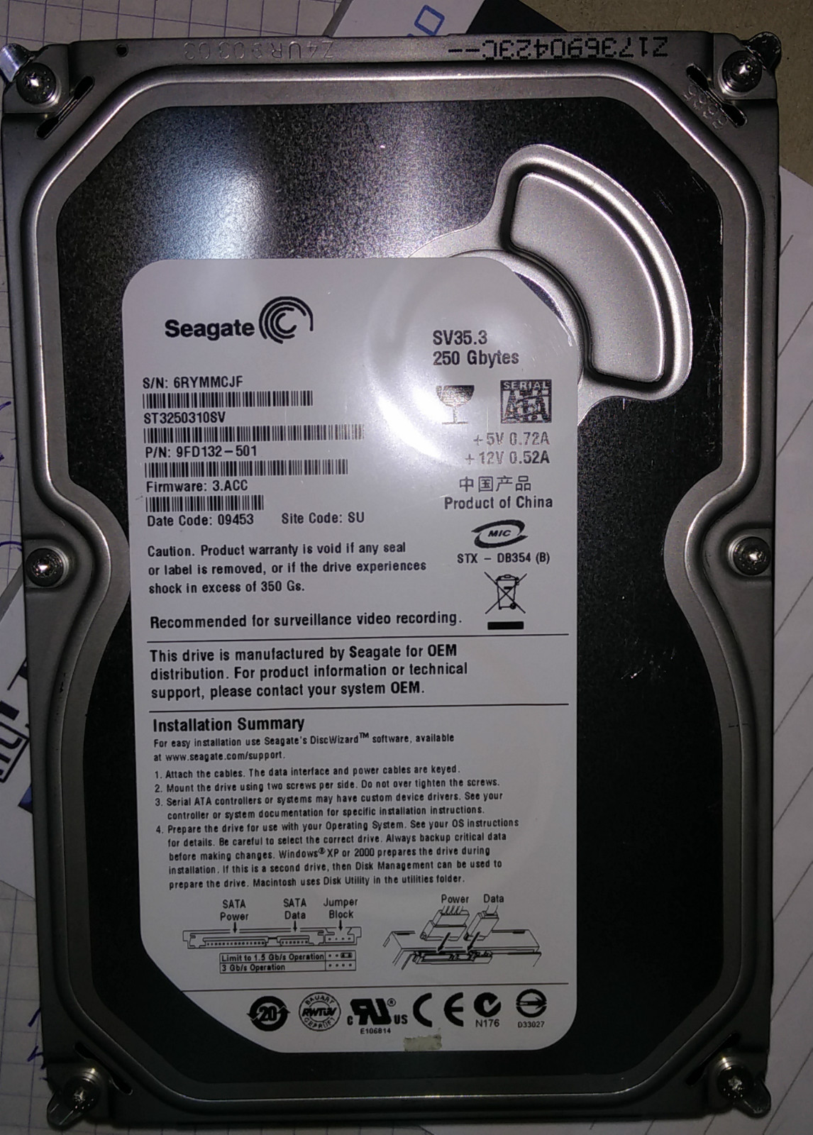Seagate Barracuda ST3250310SV 250GB 3.5" SATA Hard Disk Drive - NEW PULL