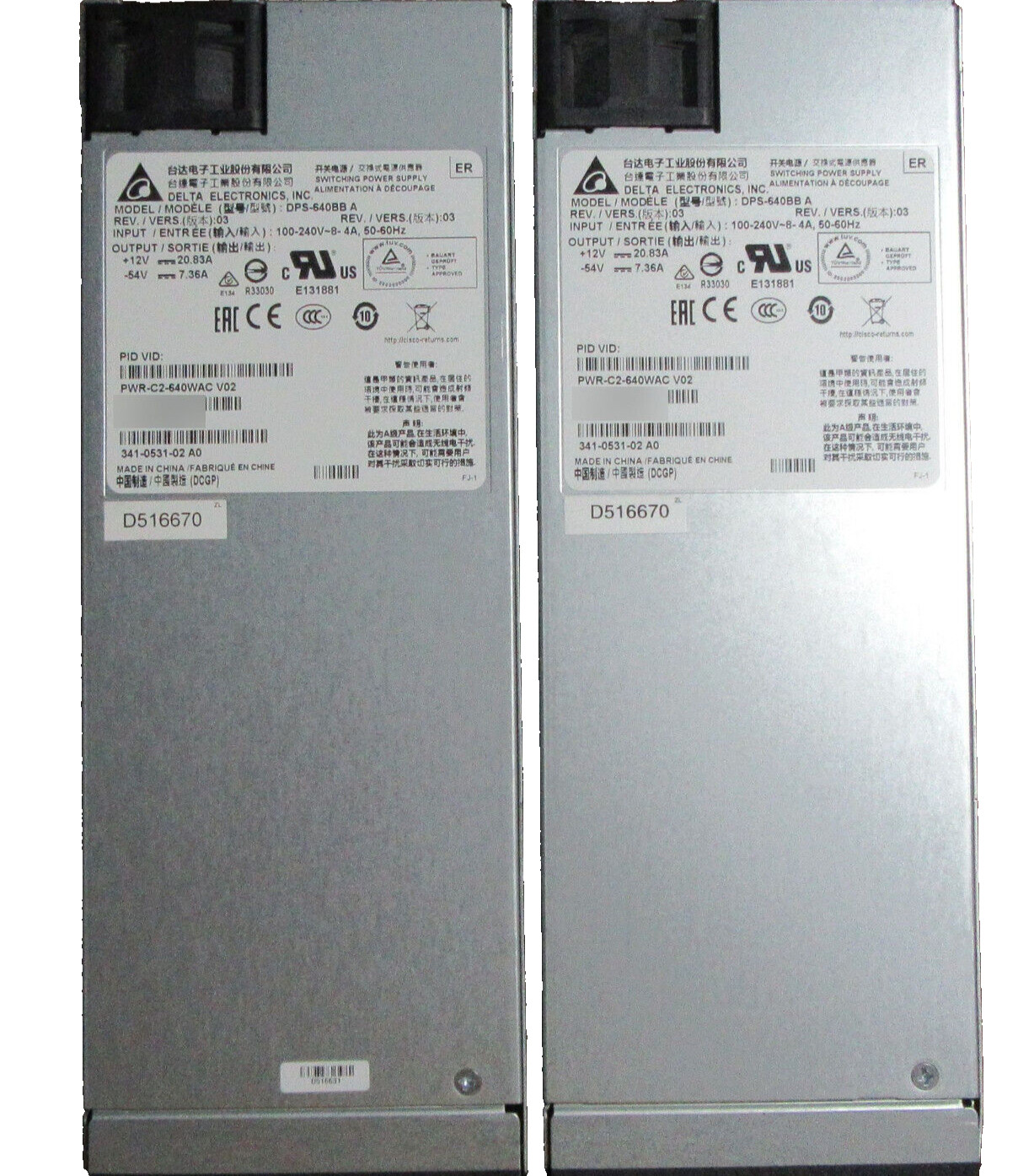 Lot of 2Pcs Genuine Cisco PWR-C2-640WAC V02 Power Supply
