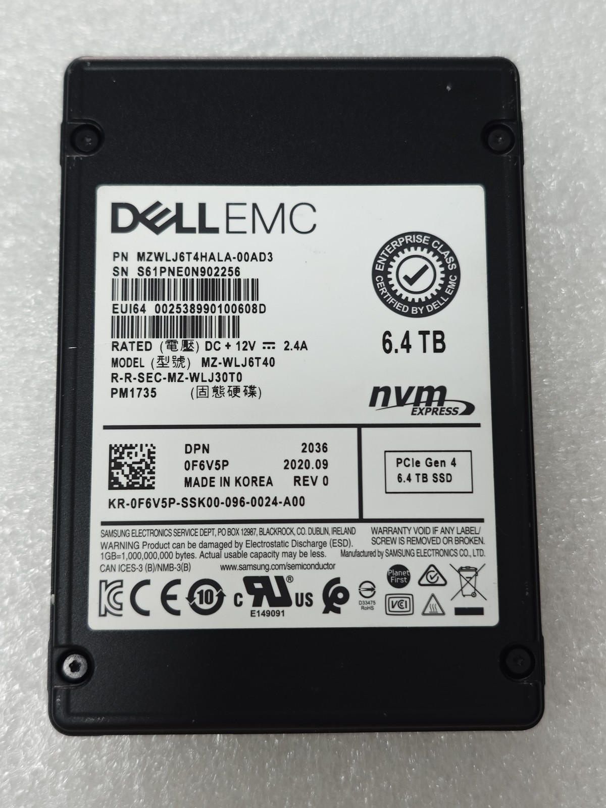 Samsung PM1735 6.4TB DELL SSD U.2 PCIe NVME Gen 4 MZ-WLJ6T40 MZWLJ6T4HALA-00AD3