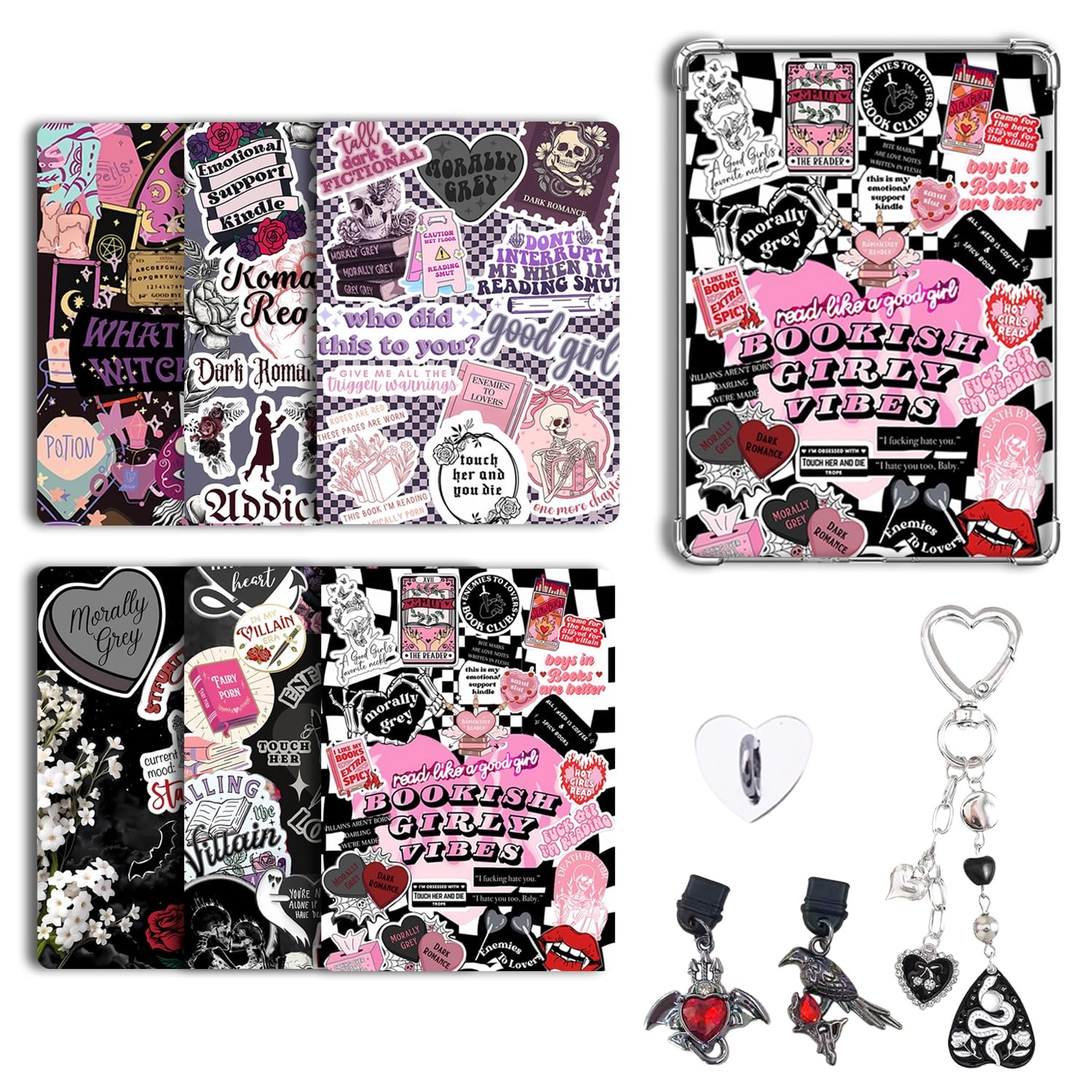 6 pcs Inserts for -Reader Clear Case and 2 pcs Charms Charm Set, Dark Romance...