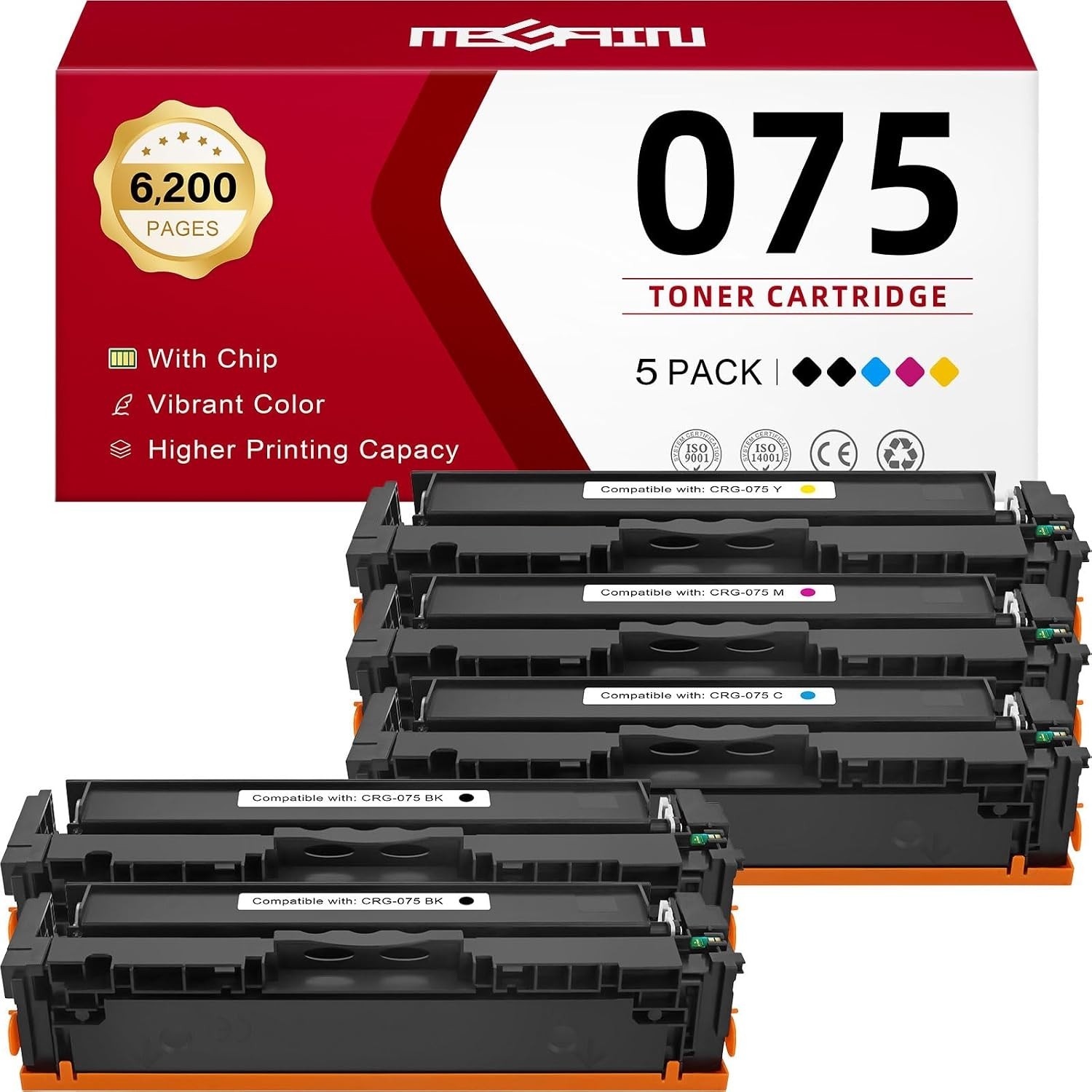 5-Pack Toner Cartridge 2-Black+Cyan+Magenta+Yellow With Chip BN 075 Compatible