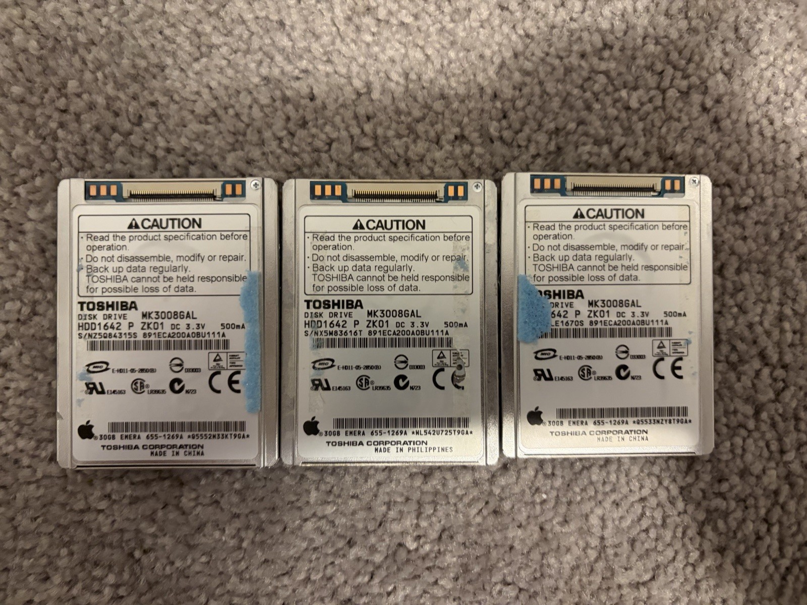 Lot of 3 Toshiba 30gb 1.8" Hard Drive MK3008GAL for Apple iPod Video Classic 5th