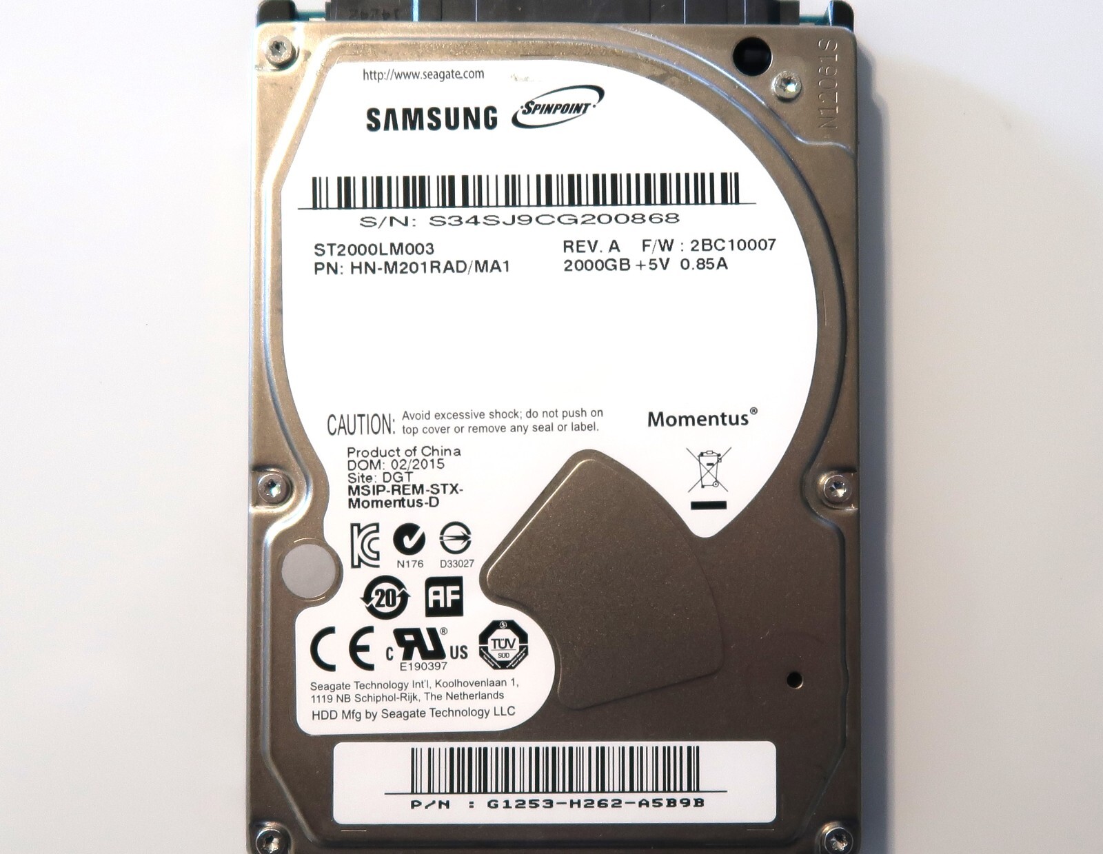 Samsung ST2000LM003 HN-M201RAD/MA1 (S34S) 2BC10007 G1253-H262 2.5" 2TB 02/2015