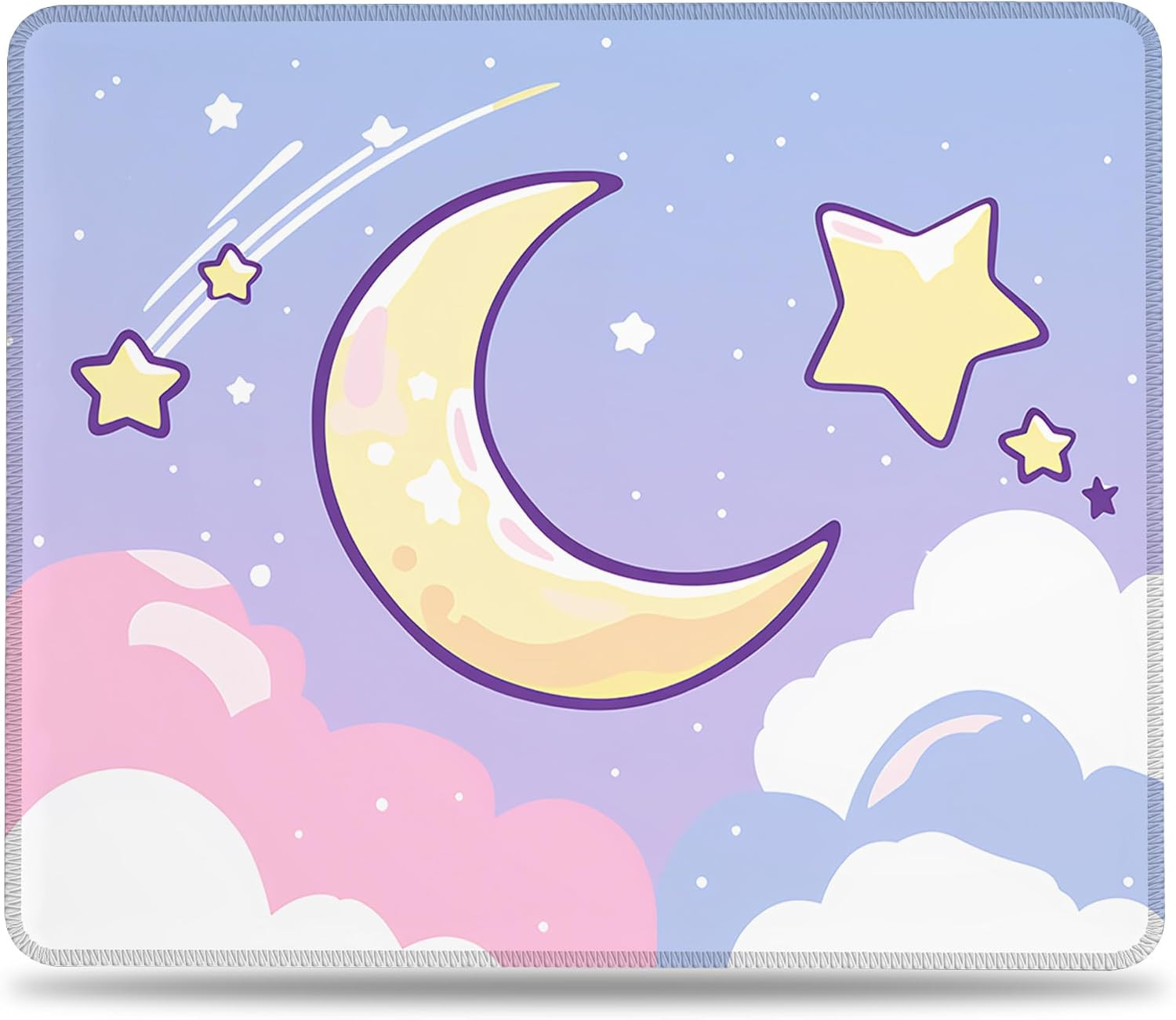 Kawaii Moon and Stars Square Mouse Pad, Whimsical Night Sky Mousepad with Non-Sl