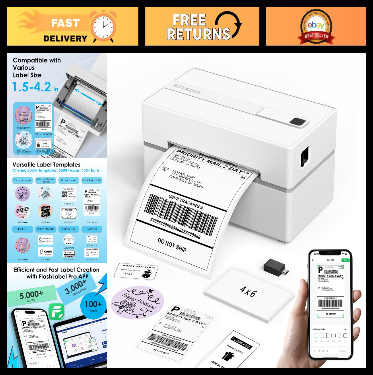 Portable Bluetooth Thermal Label Printer 4x6 for Small Business, iPhone/Android