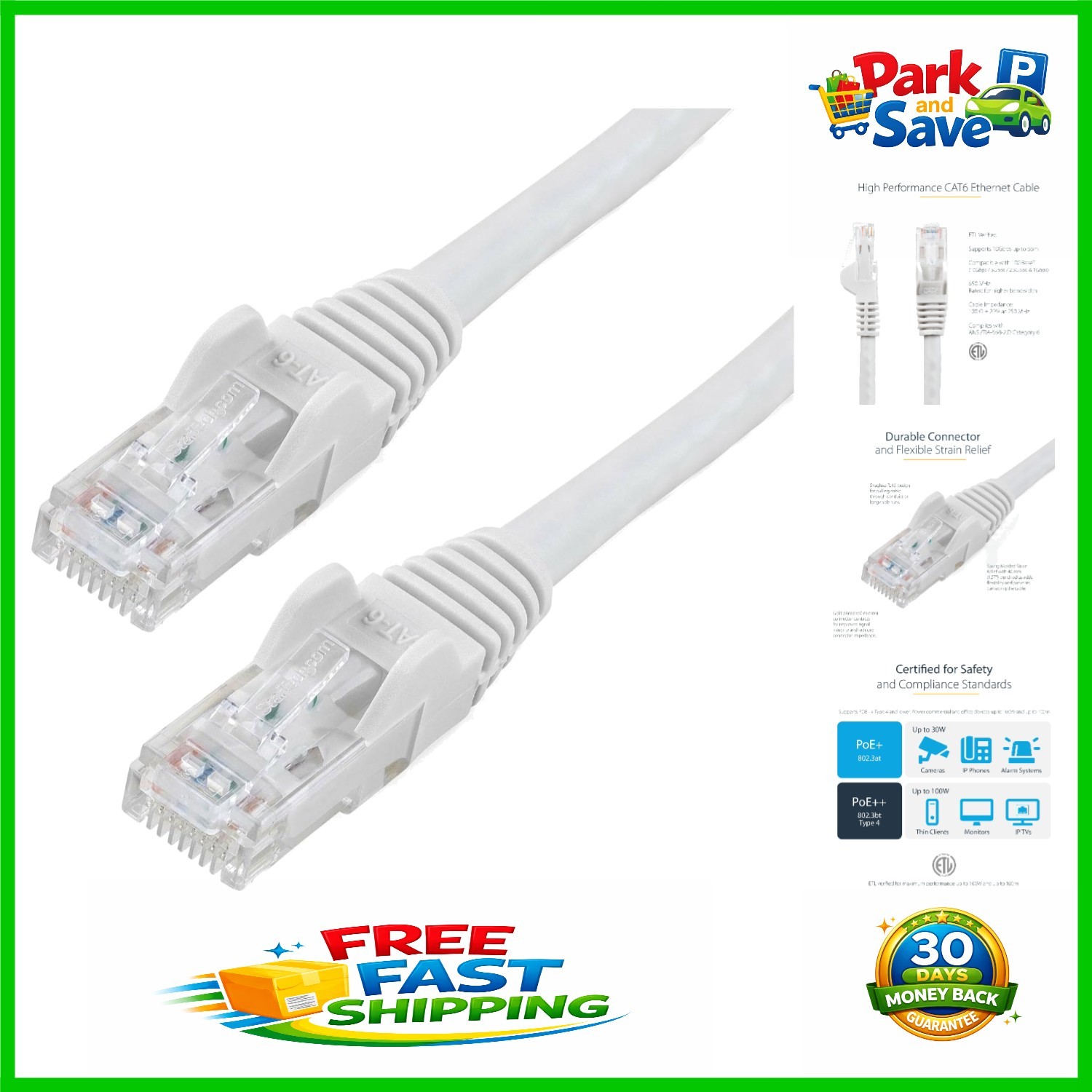 Snagless 3ft CAT 6 Ethernet Cable - 10 Gbps Data Transfer with Strain Relief