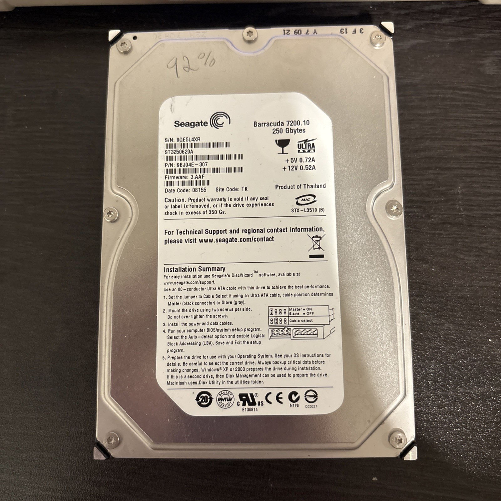 Seagate Barracuda 7200.10 250 GB ST3250620A PN: 9BJ04E-307 Hard Drive