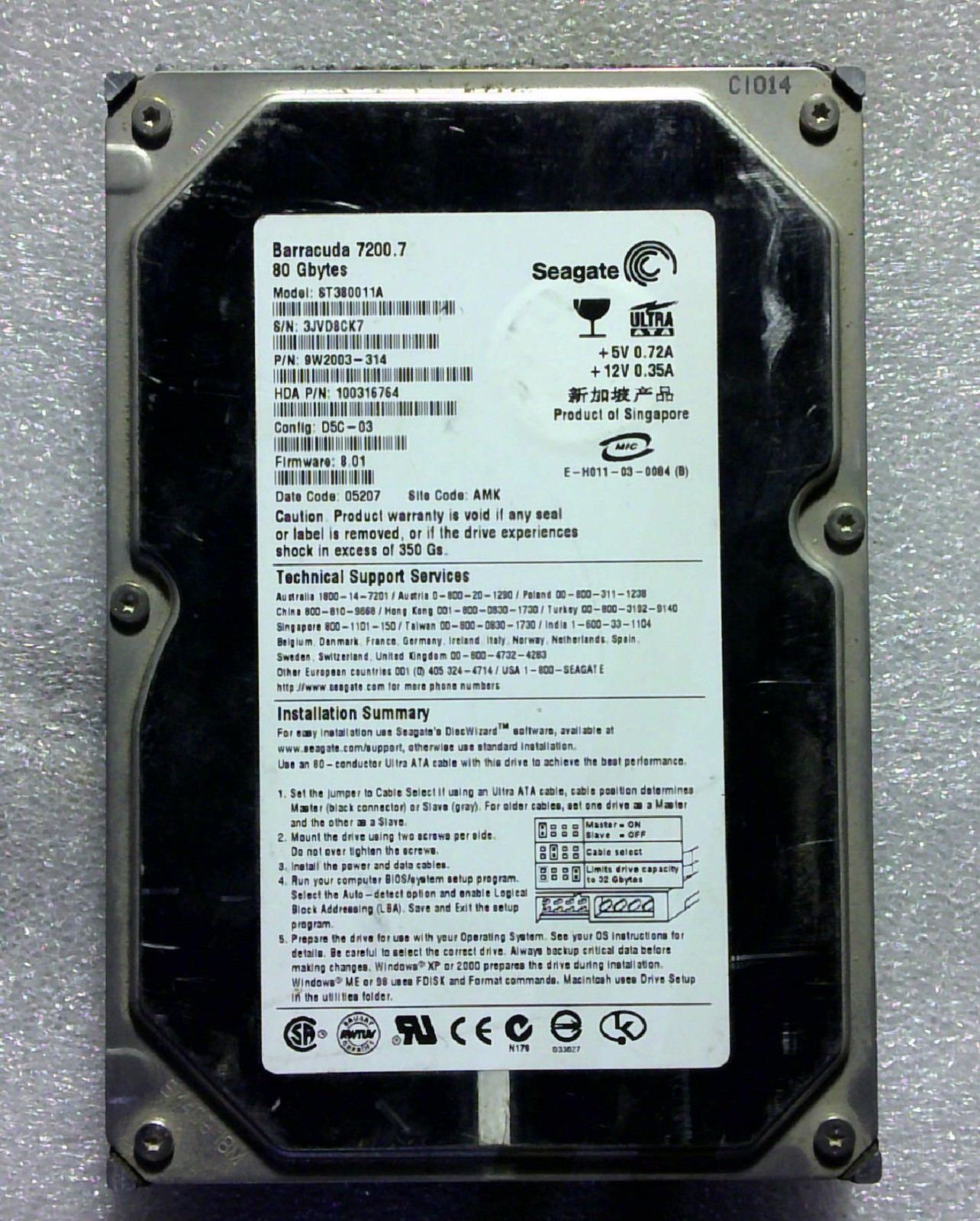 Seagate Barracuda - ST380011A - 80GB - 9W2003-314 - SN: 3JVD8CK7