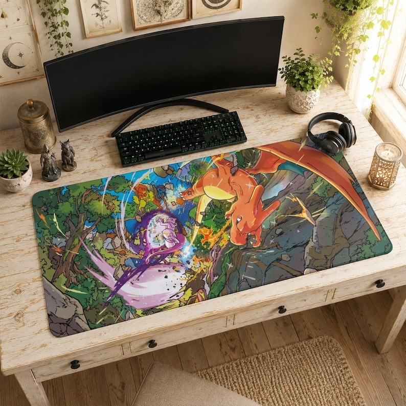 Mewtwo vs Charizard Mouse Pad | Desk Mat, Pokemon Batt Gaming Desk Mat Mouse Pad