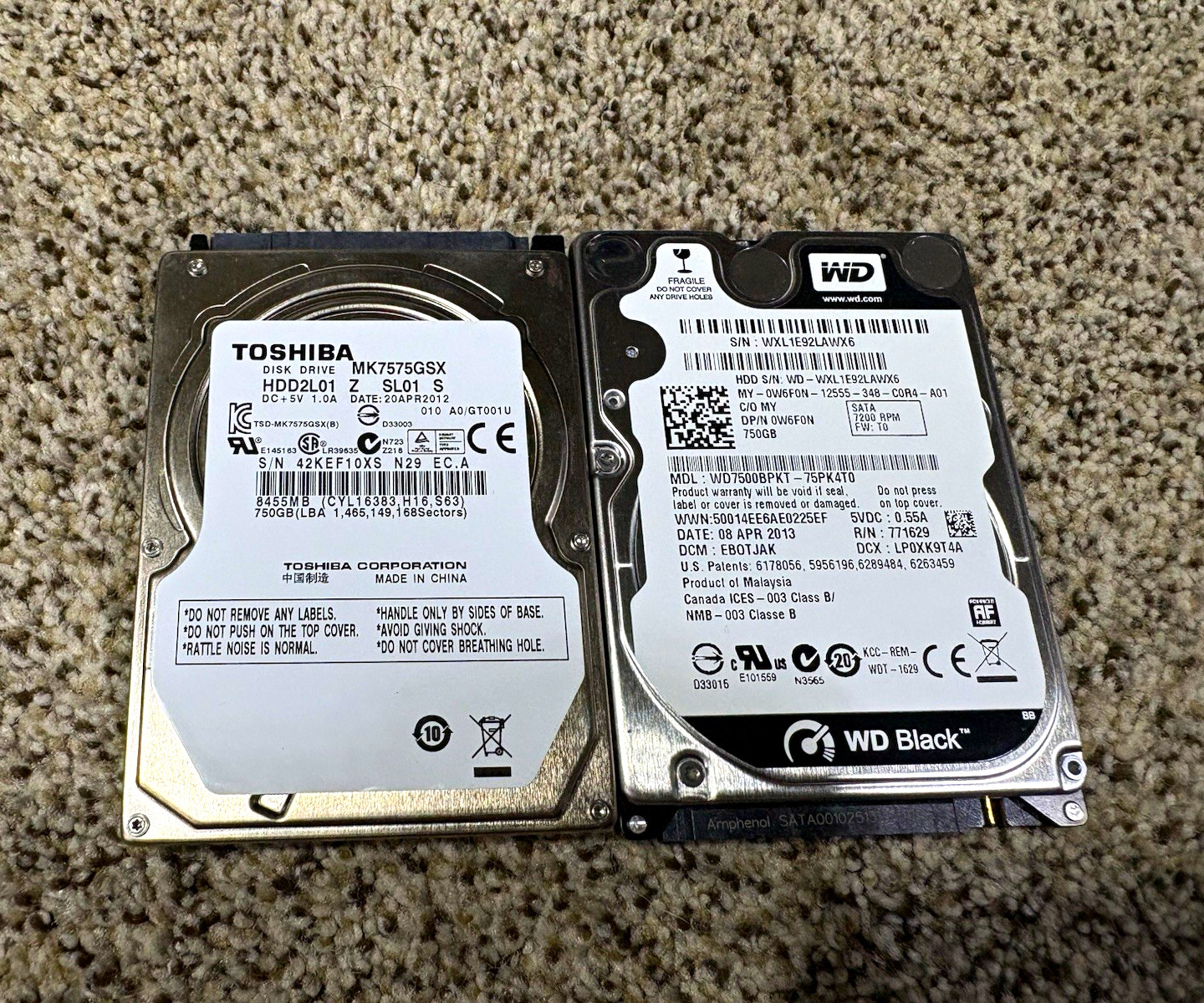 Bundle of 2 750GB 2.5” SATA Hard Drives - Mixed Speeds - Tested Works Formatted