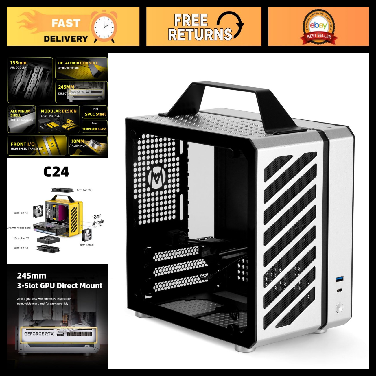 Compact Mini ITX PC Case with Handle - Silver, Lightweight, Durable Design