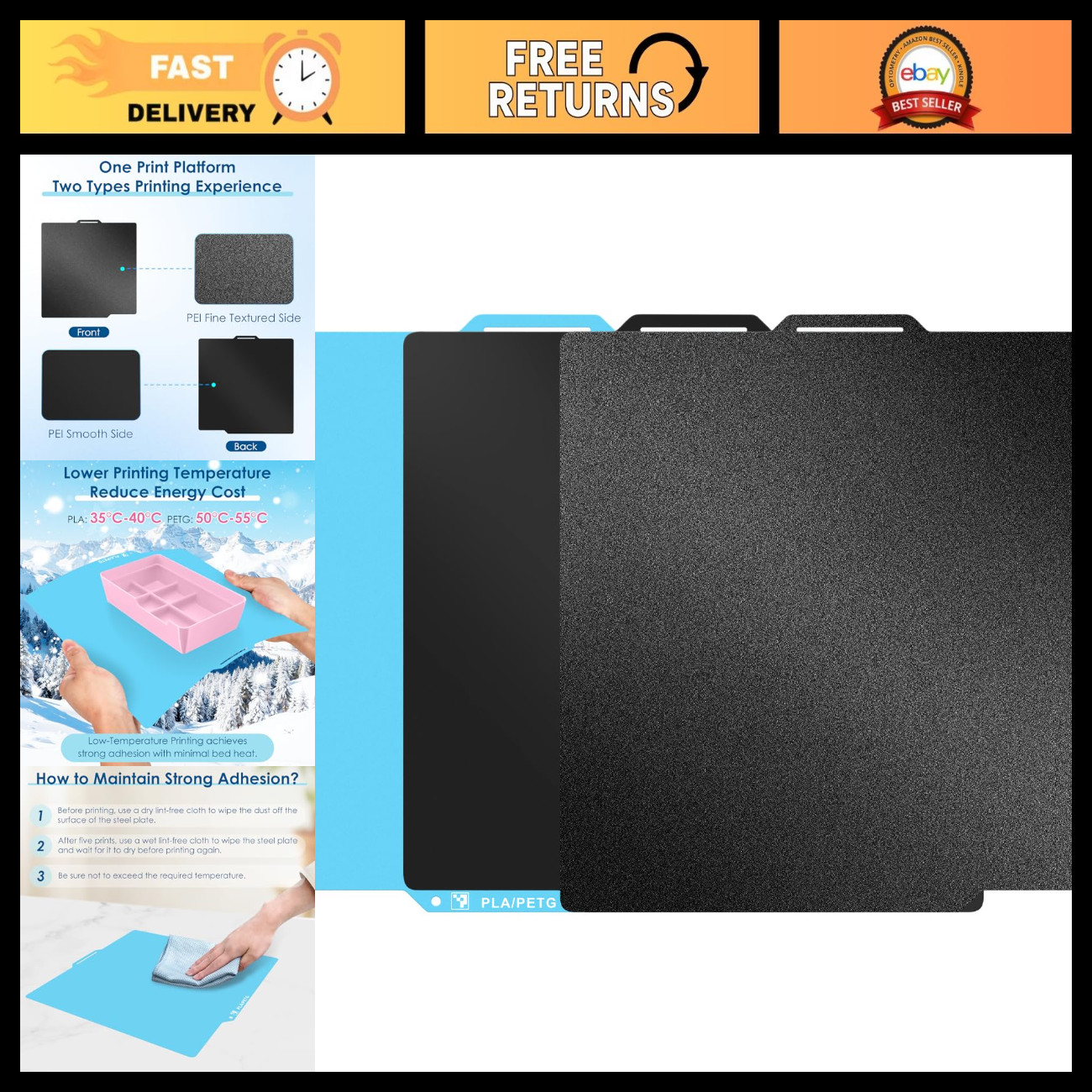 2-Pack 3D Printer Build Plate, Low-Temp Blue Platform, Dual-Sided PEI Sheet, Smo