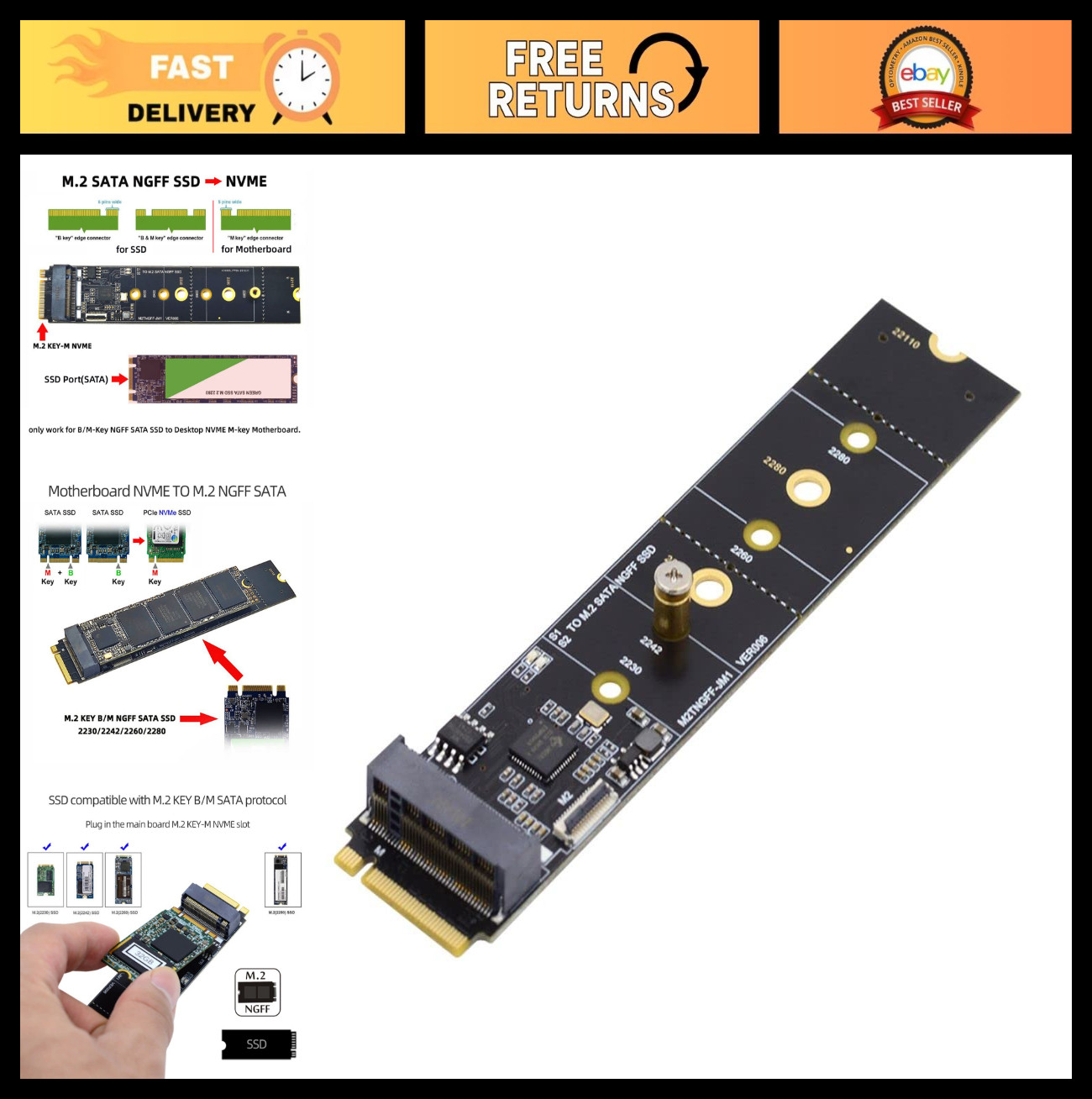 M.2 SSD SATA NGFF to NVME M-Key Expansion Card Adapter JMB582 for 2230/2242/2260