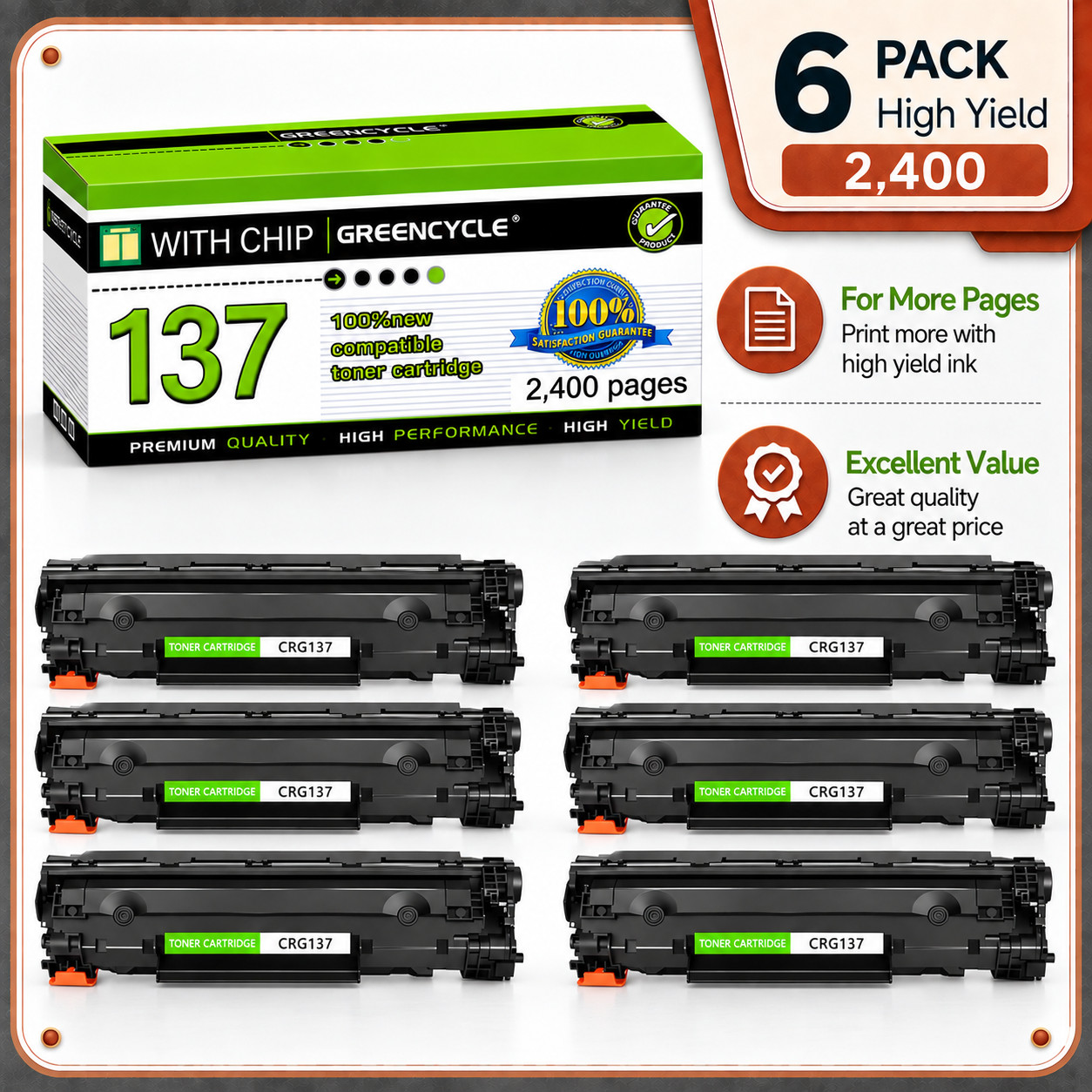 6PK CRG137 9435B001 BK Toner Cartridge for Canon 137 ImageClass MF227dw MF216n