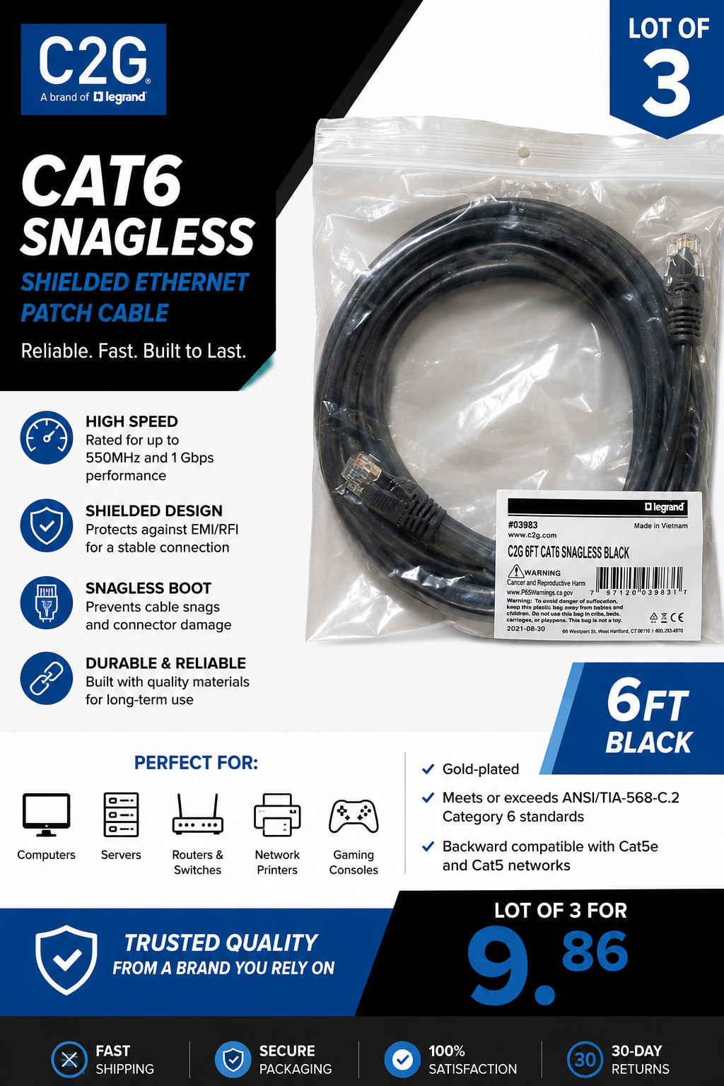 LOT OF 3 Legrand C2G 03983 6FT CAT6 Snagless Black Shielded Ethernet Patch Cable