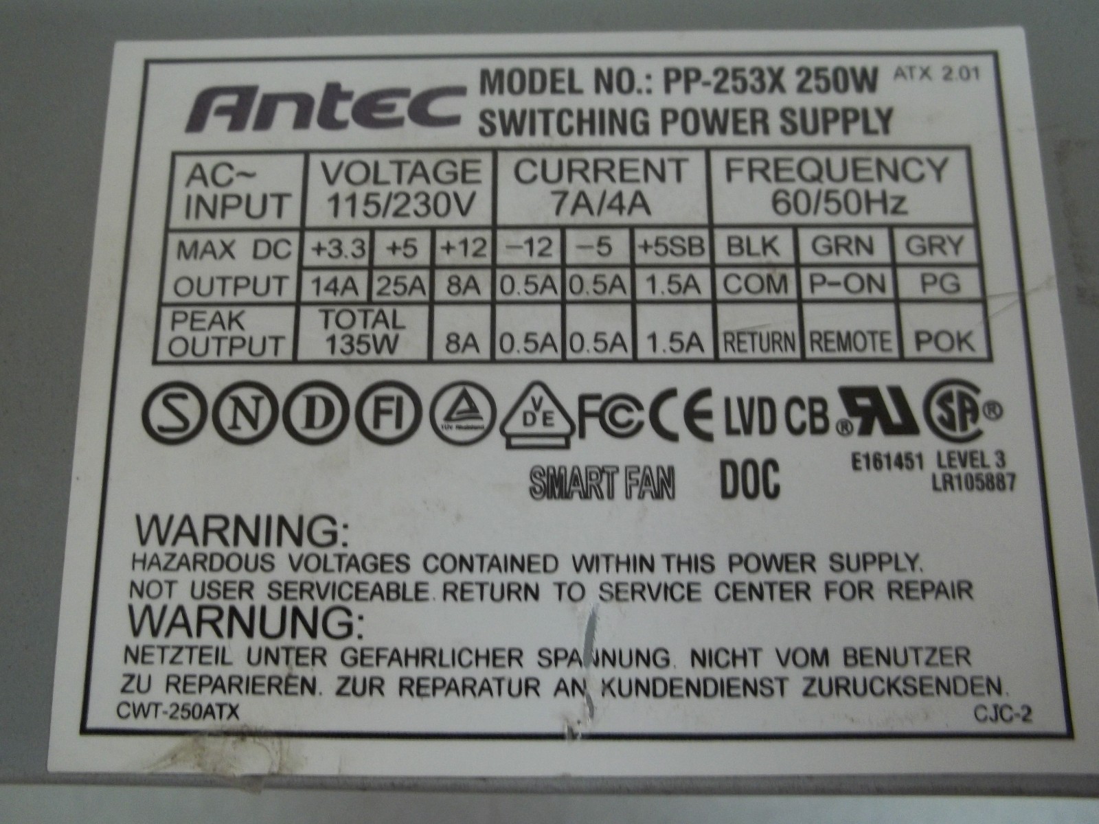 ANTEC PP-253X 250W Power Supply115/230vac, 3.3/5/12vdc