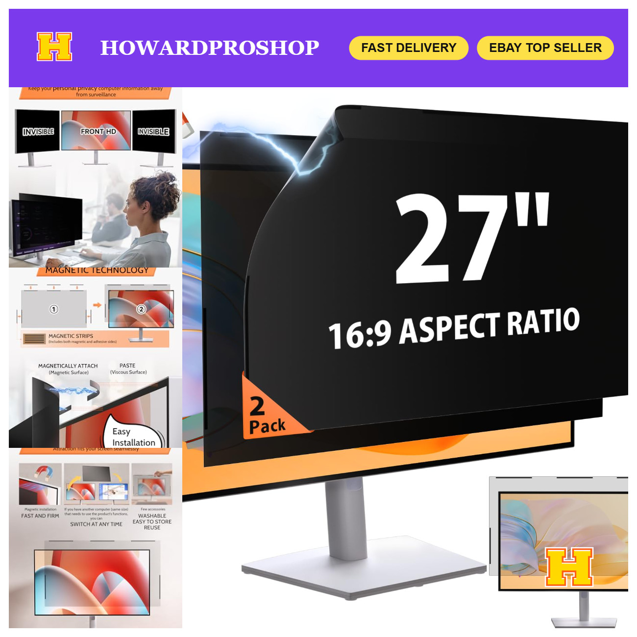 27" 16:9 Magnetic Privacy Screen Filter - 2 Pack for Frameless Monitors