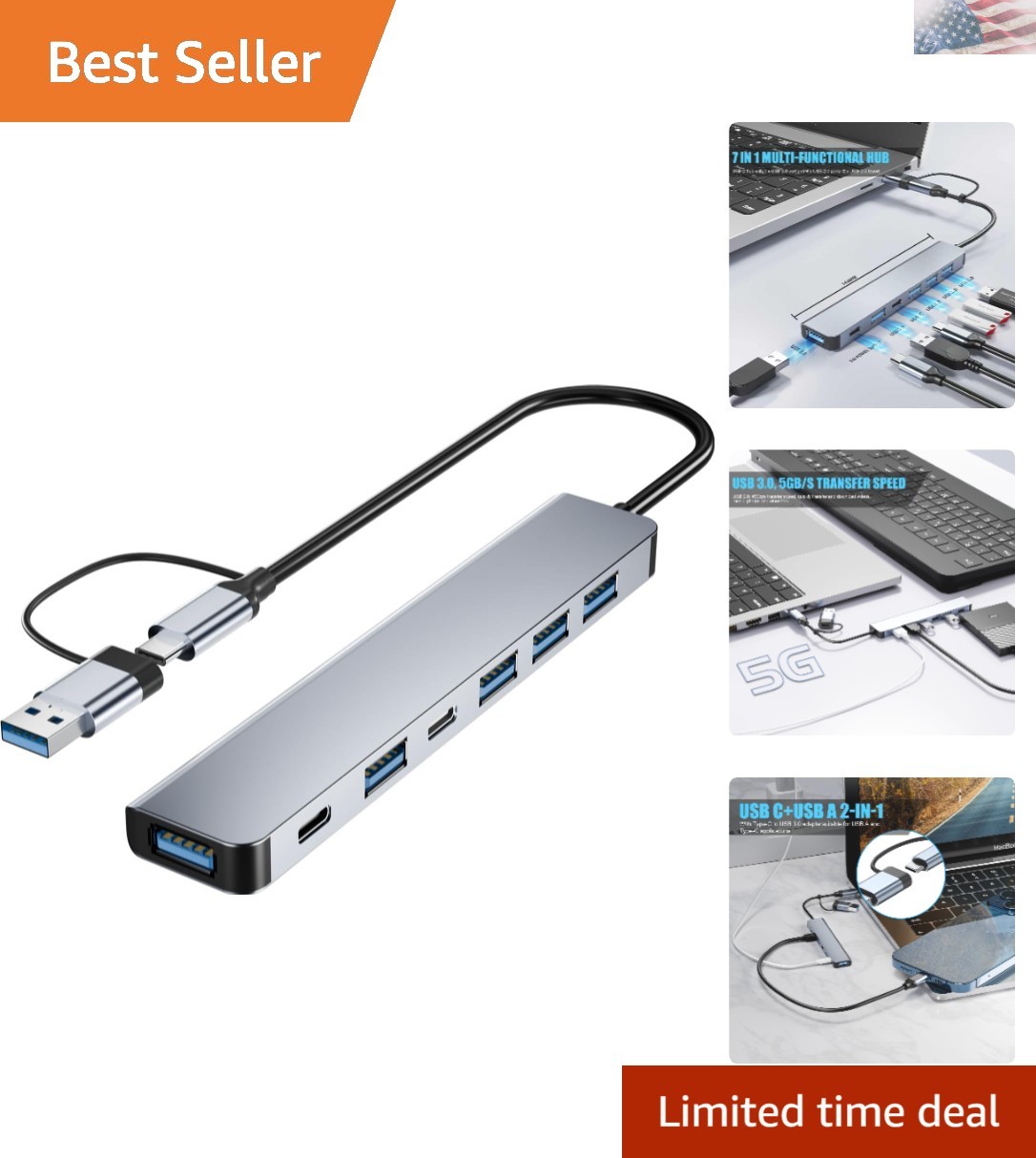 Sleek Aluminum 7-in-1 USB C Hub - Ultimate Solution for Laptops and Desktops