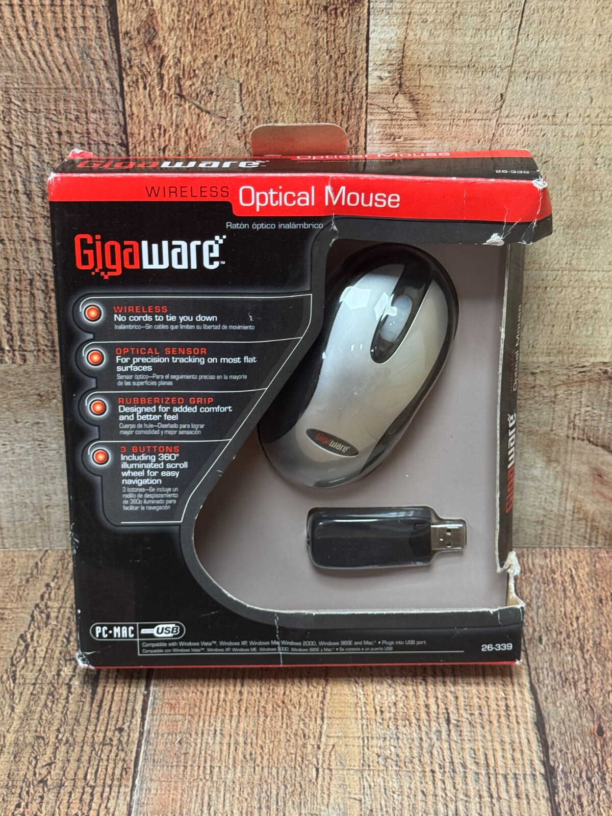 Gigaware 26-339 Wireless Optical Mouse Black & Silver 3-Button with USB Receiver