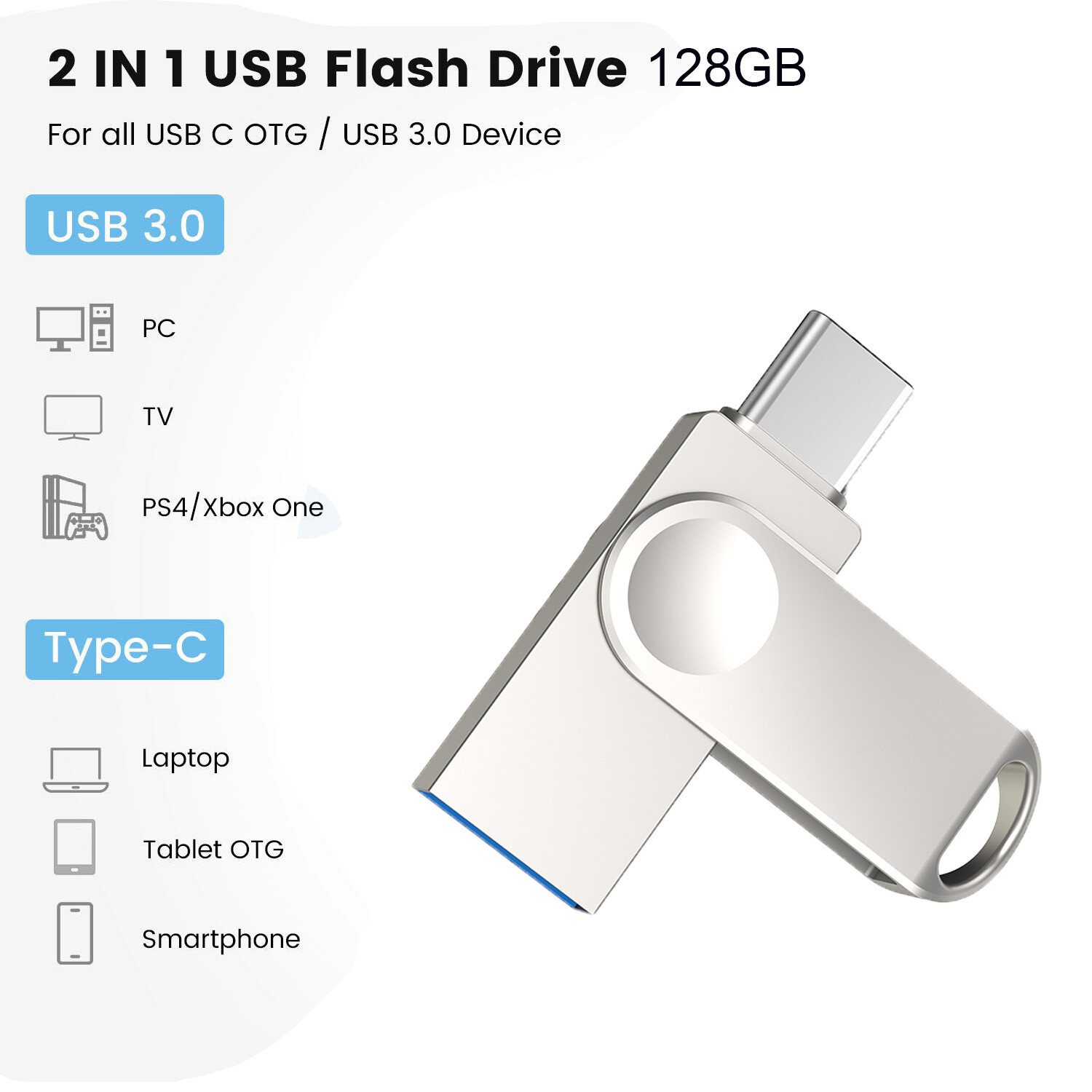 High Speed USB-C 3.0 2 In1 Metal Swivel Dual OTG Flash Drive 32GB 64GB 128G 256G