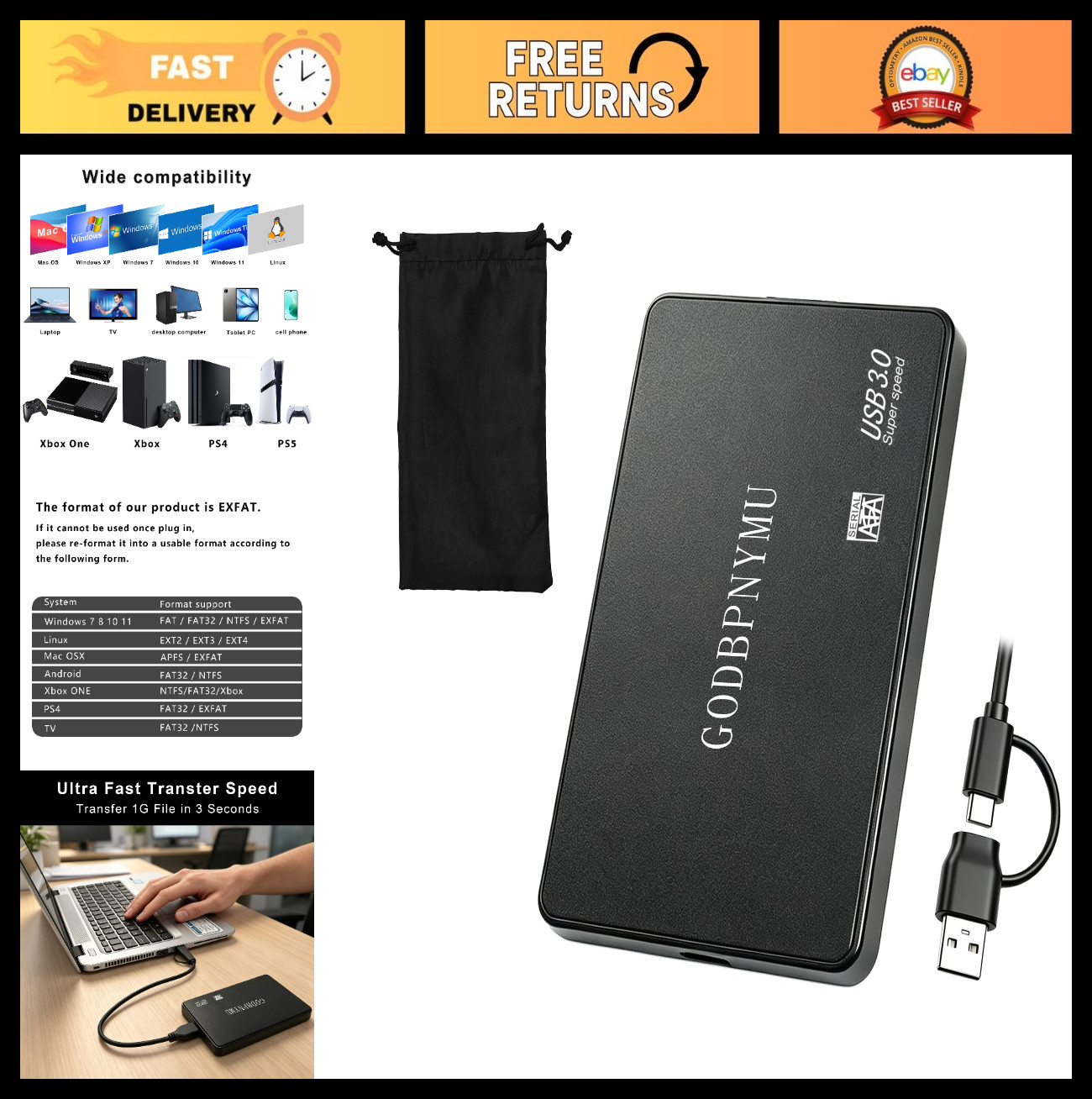 500GB External Hard Drive, Compact Portable Hard, USB 3.0/USB C