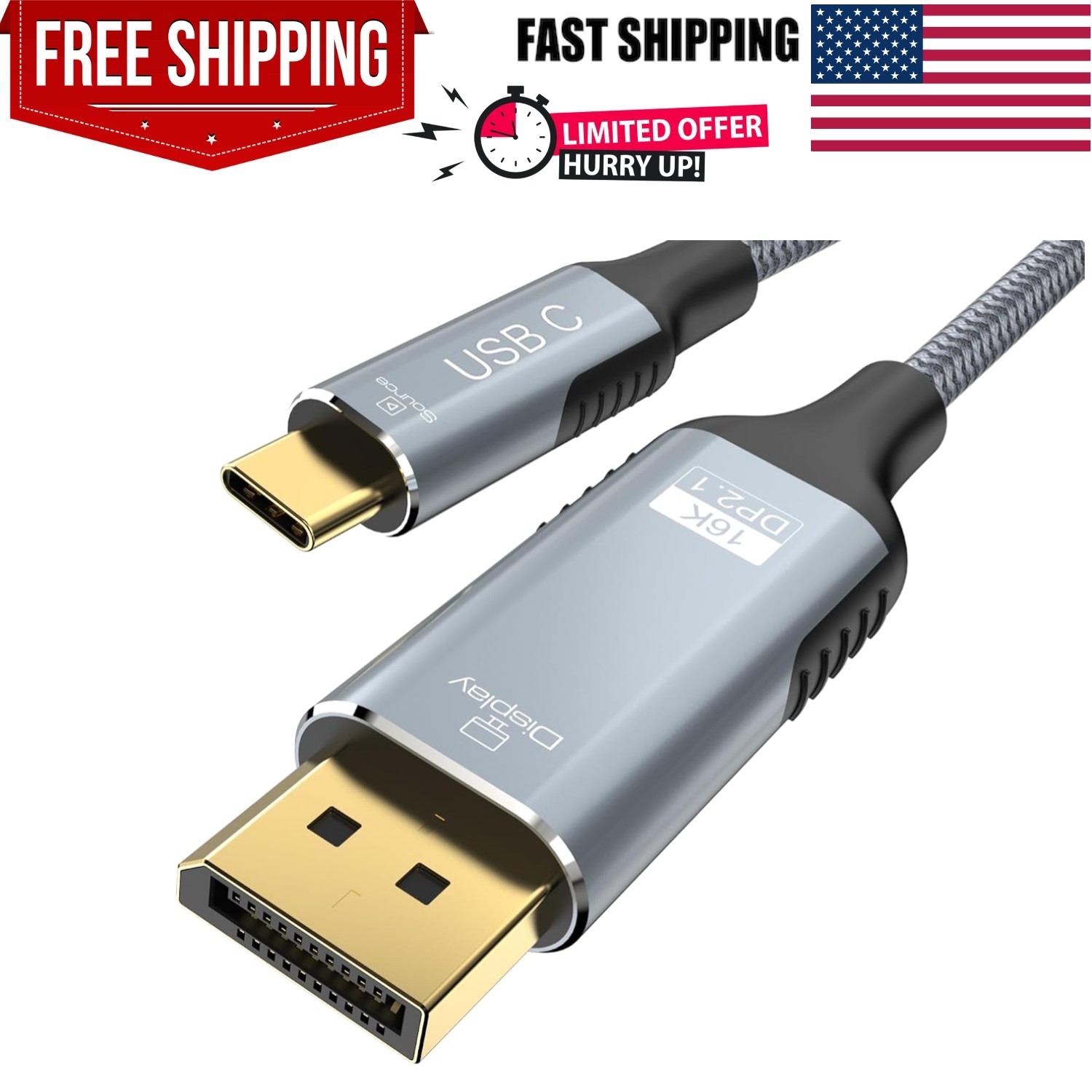 USB C to DisplayPort 2.1 Cable 16K-30Hz 8K-120Hz 40Gbps 10FT - Compatible