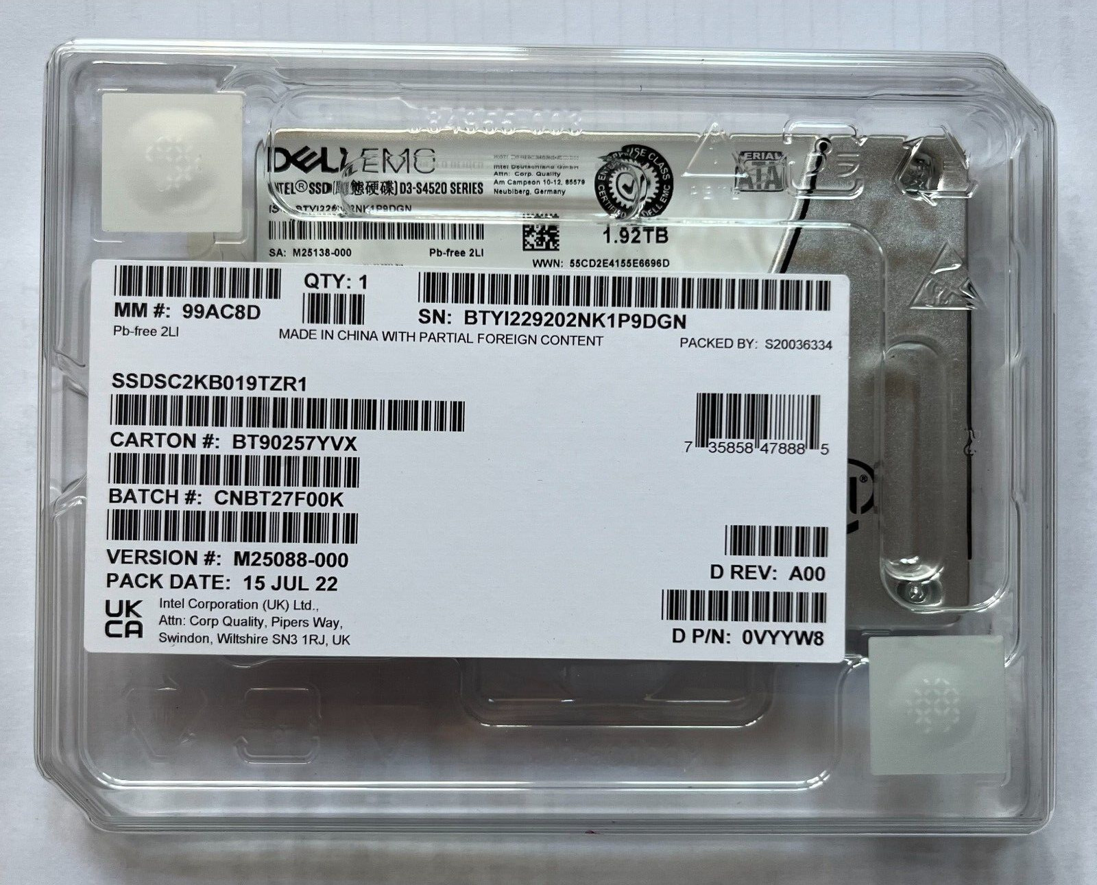 VYYW8 DELL 1.92TB 6Gbps SATA INTEL D3-S4520  SSDSC2KB019T8R RTLC 3.5 SSD 0VYYW8