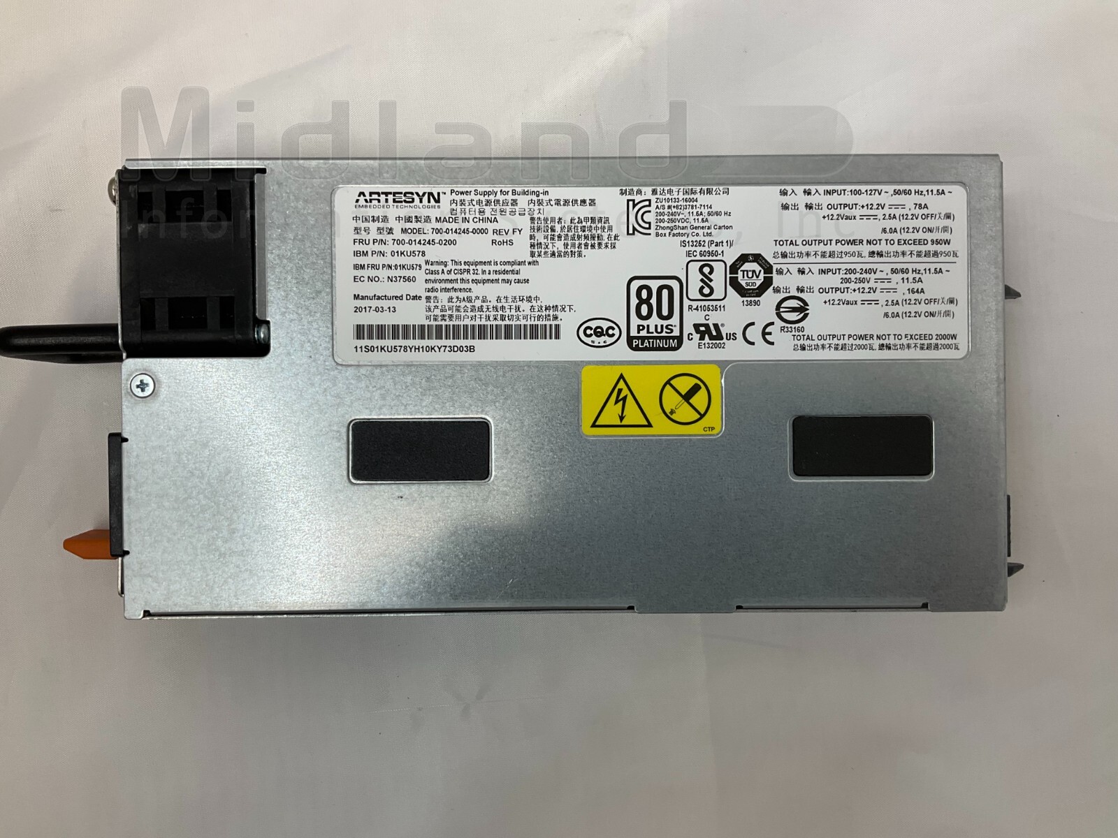 IBM 01KU578 01KU579  2000W 200-240V AC Power Supply for 8408-44E, 9040-MR9 51DE