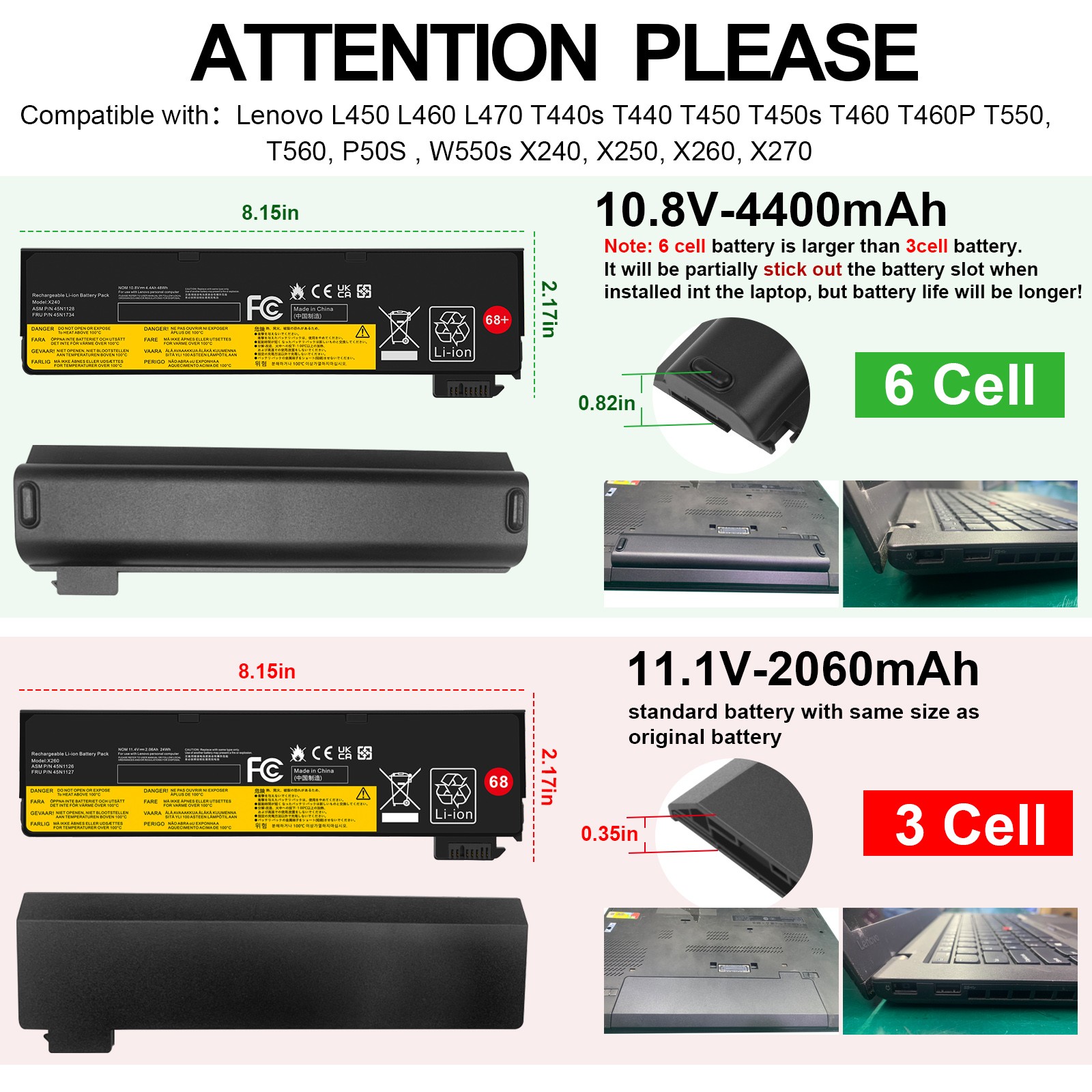 LOT 68+ Battery For Lenovo ThinkPad X240 X240s X250 X260 X270 T440s T440 4400mAh