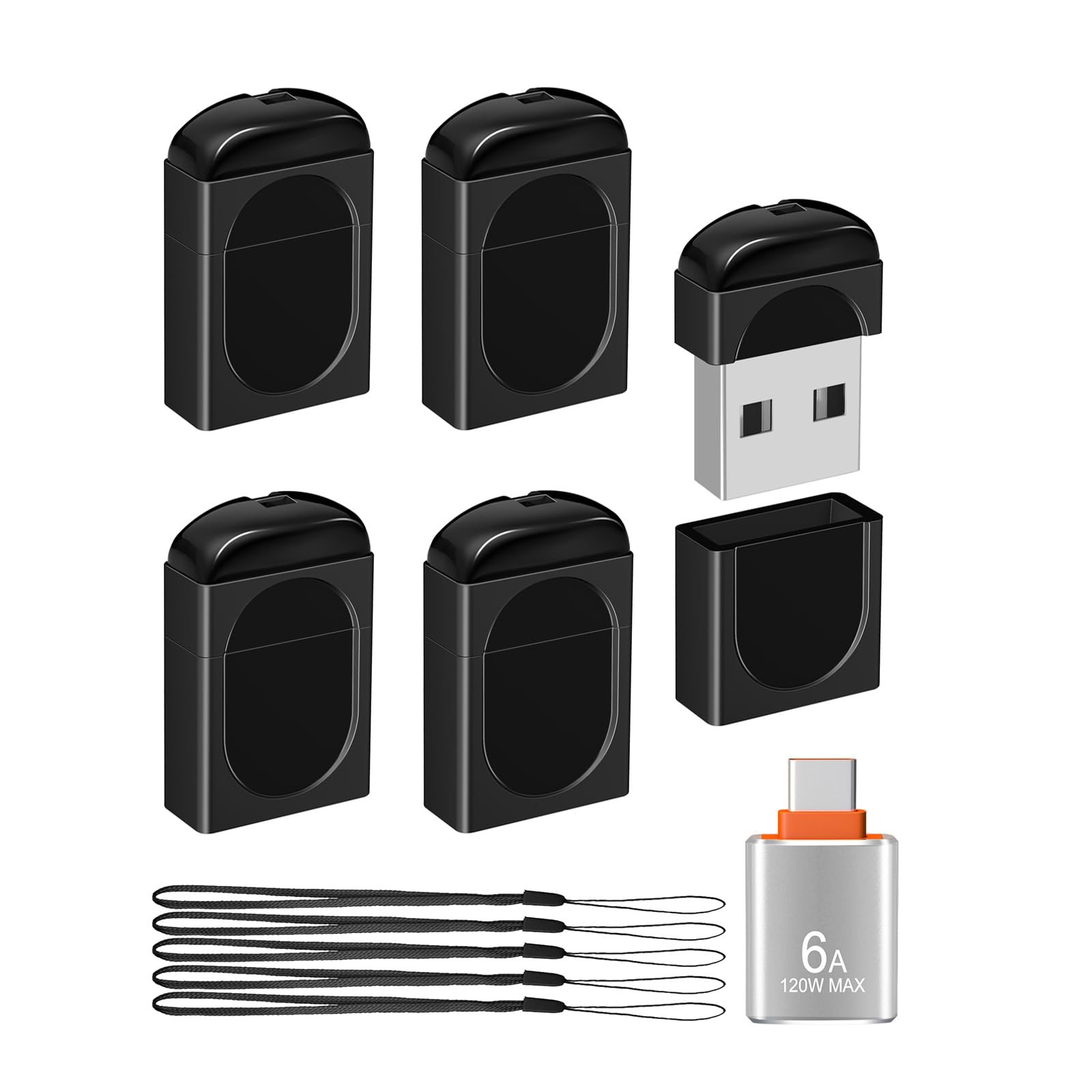 5-Packs 4GB FAT32 Small Flash Drive USB2.0 with USB-C Adapter(Black)