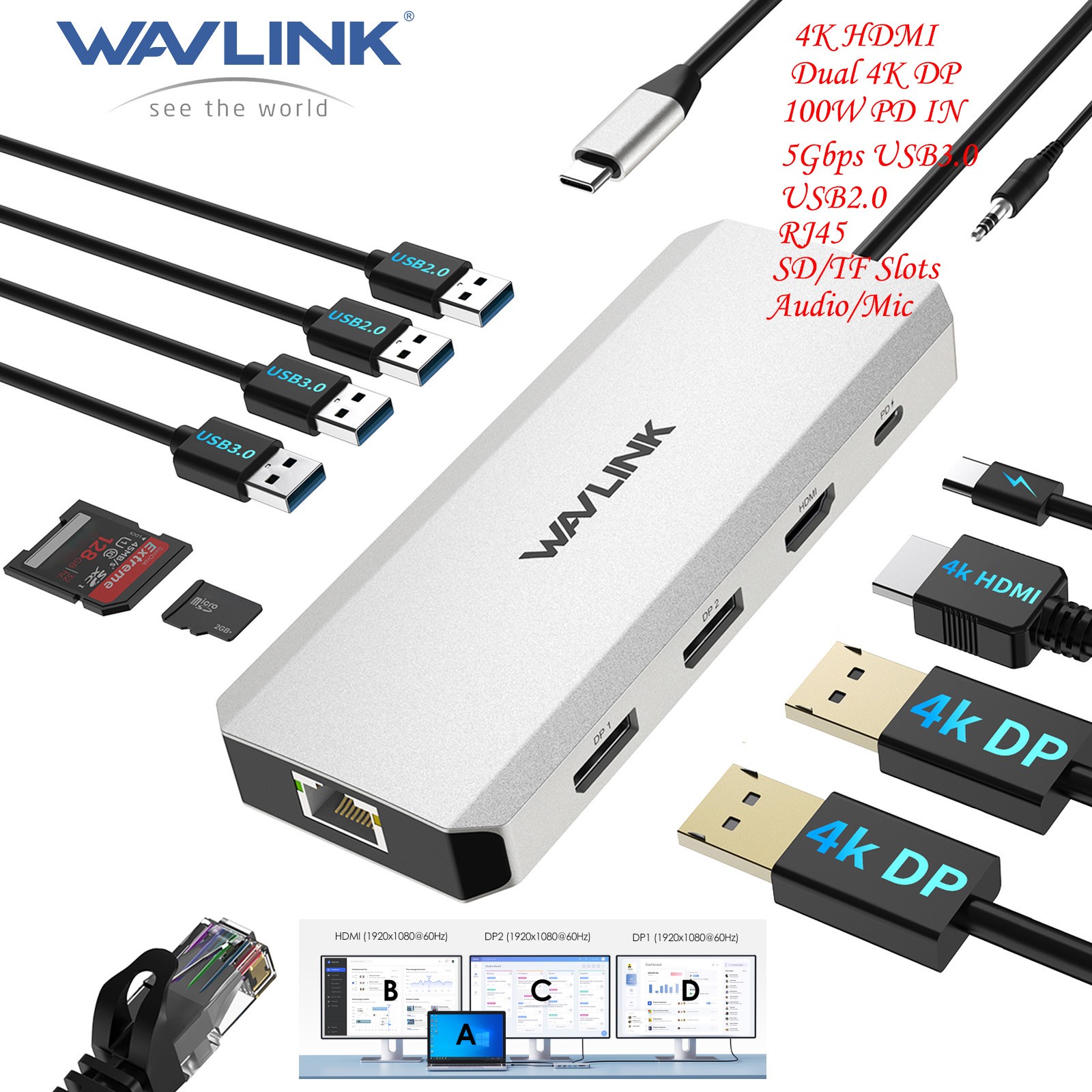 WAVLINK 12-in-1 Laptop Docking Station USB C Hub Triple Monitor 4K HDMI Dual DP