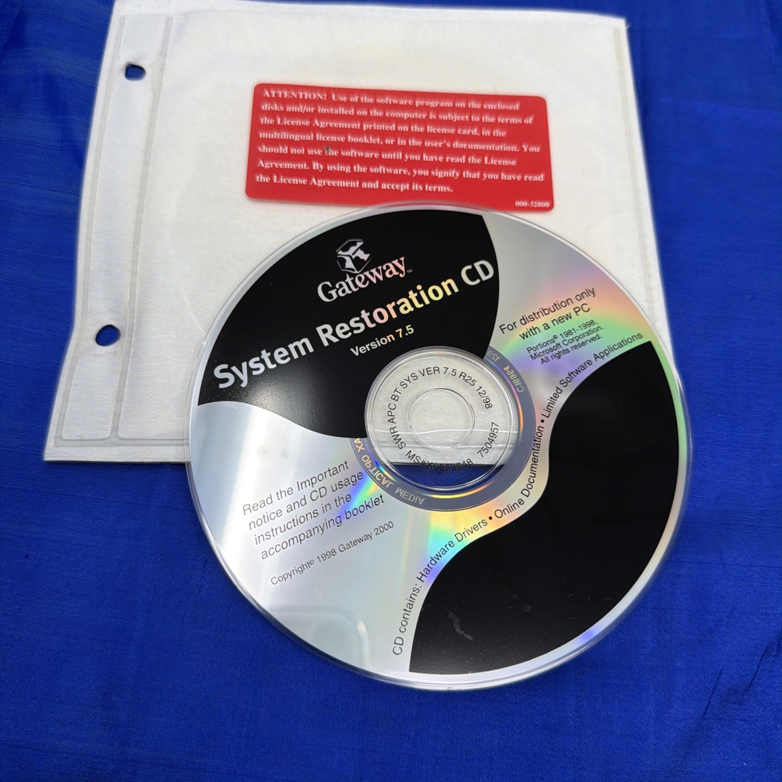 Vintage Gateway System Restoration CD Version 7.5 PC Software Disc