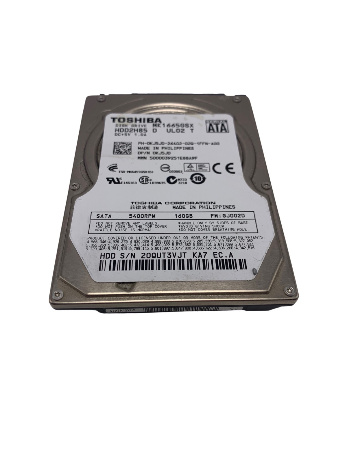 Dell KJ5JD Toshiba 160GB 5400RPM SATA 2.5" Hard Drive MK1665GSX w60