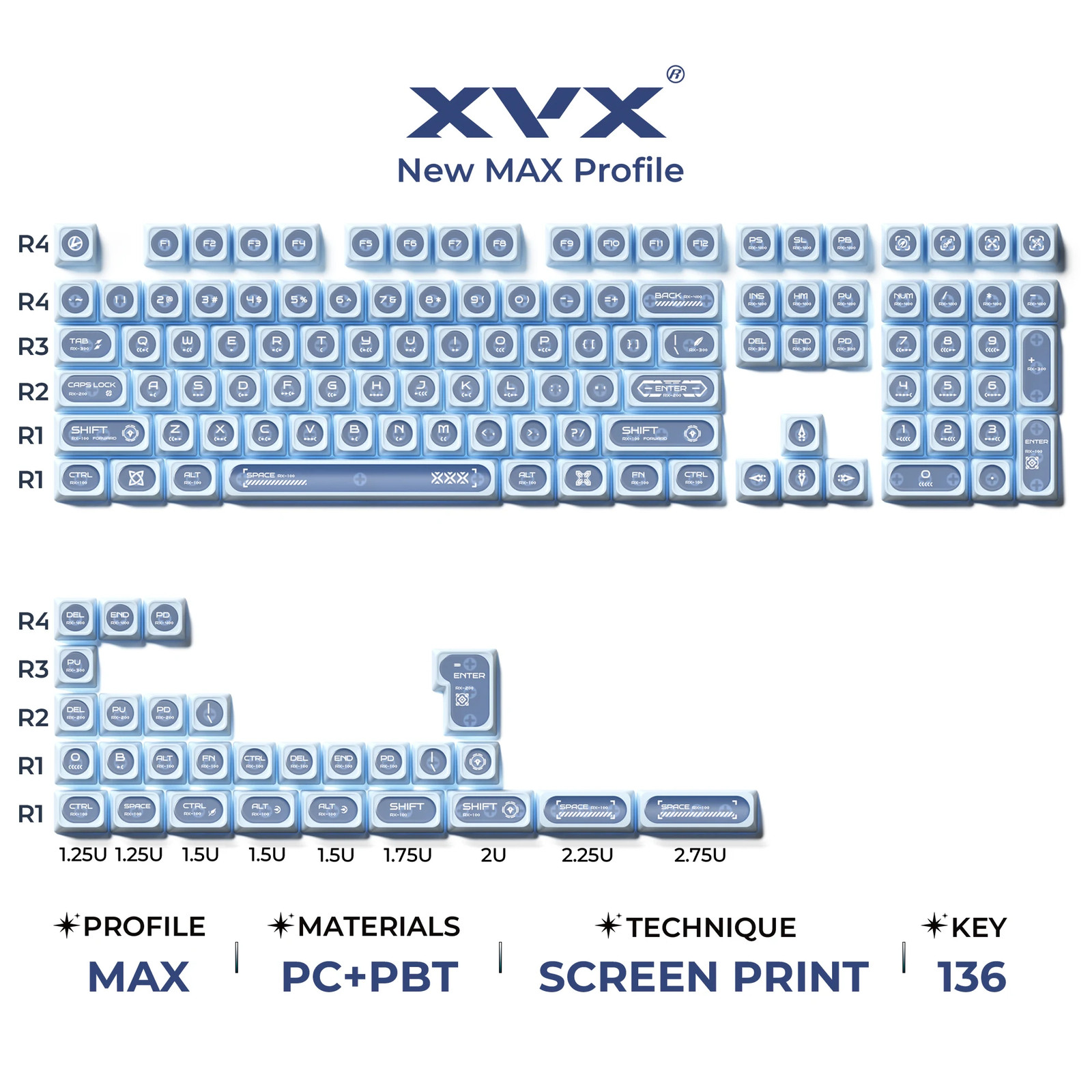 XVX White Cats Eye MAX Profile PBT Keycap Set 136-Key Double Shot MX Switch